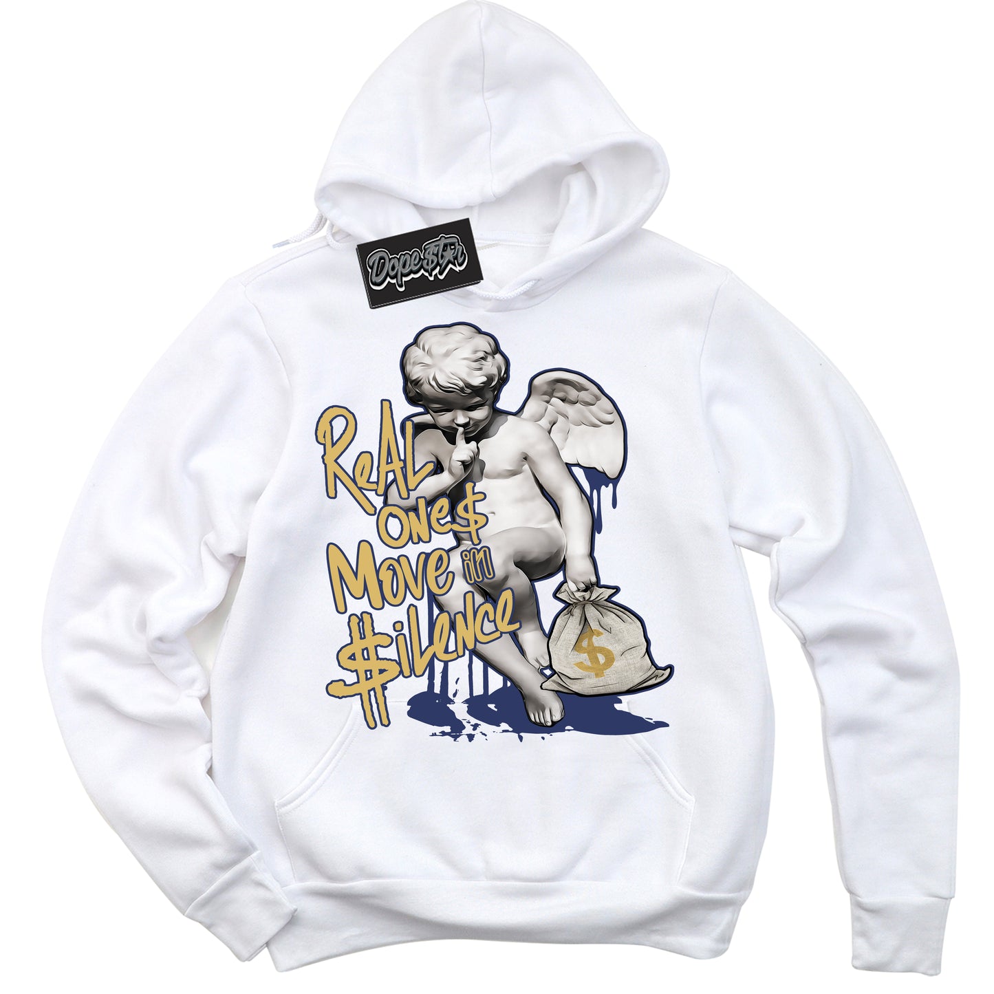 Cool White Hoodie with “Real Ones Cherub” design that Perfectly Matches Method of Make Midnight Navy Metallic Gold 1s Jordans.