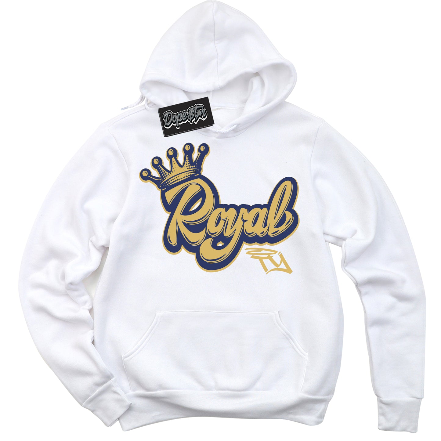 Cool White Hoodie with “Royalty” design that Perfectly Matches Method of Make Midnight Navy Metallic Gold 1s Jordans.