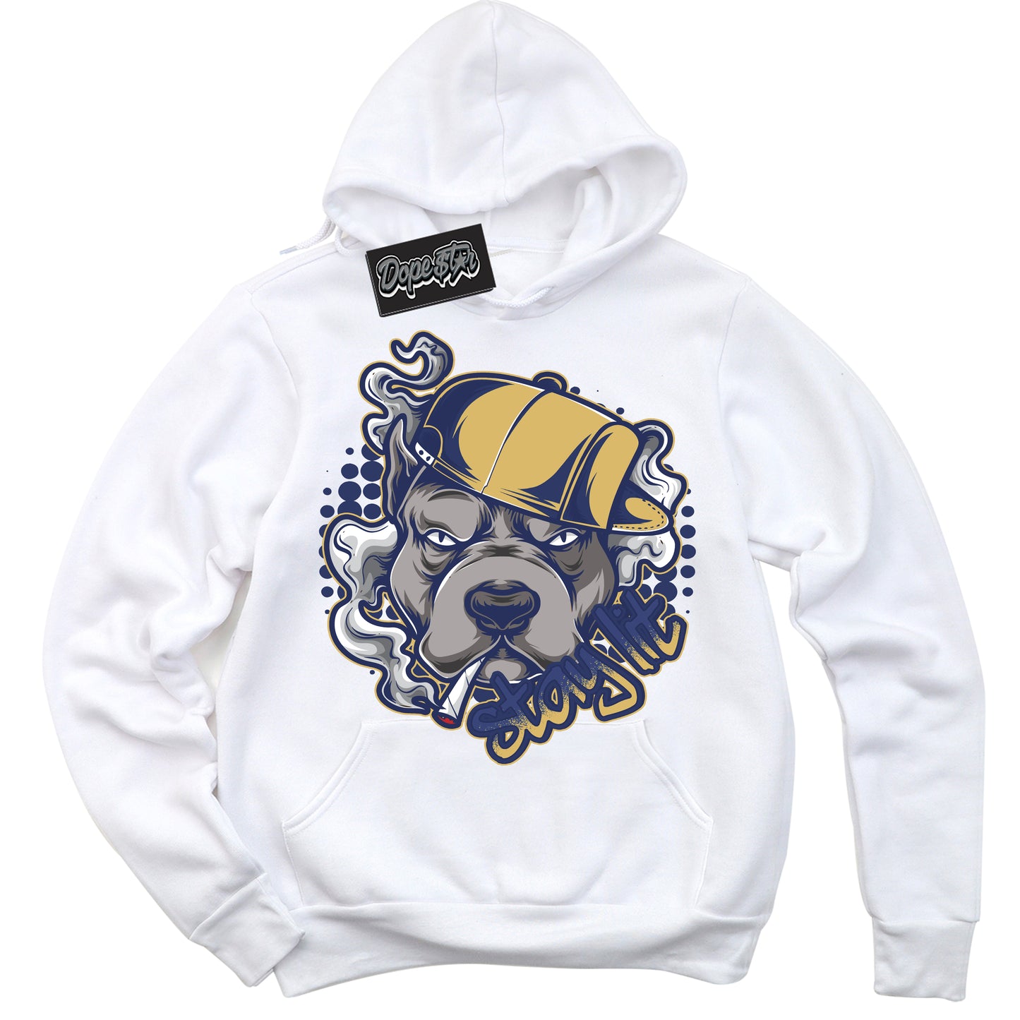 Cool White Hoodie with “Stay Lit” design that Perfectly Matches Method of Make Midnight Navy Metallic Gold 1s Jordans.