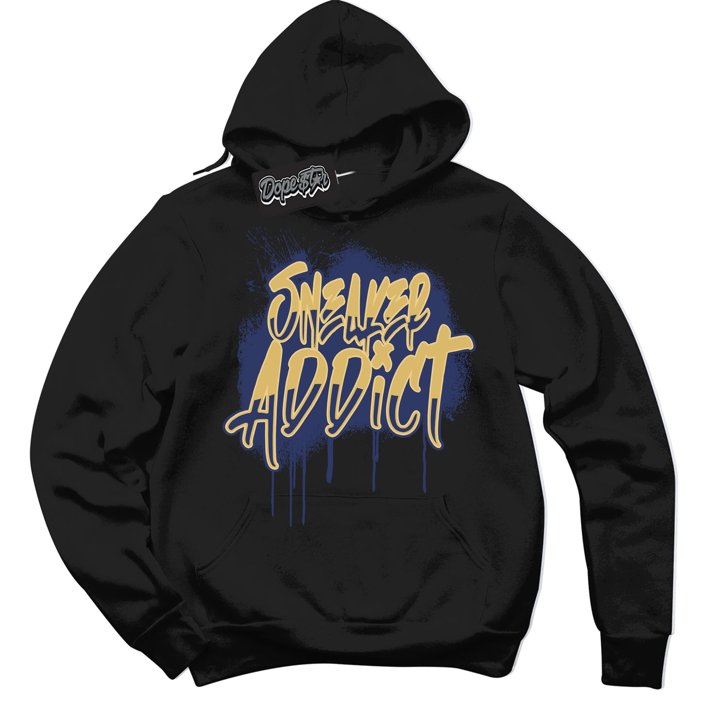 Cool Black Hoodie with “Sneaker Addict” design that Perfectly Matches Method of Make Midnight Navy Metallic Gold 1s Jordans.