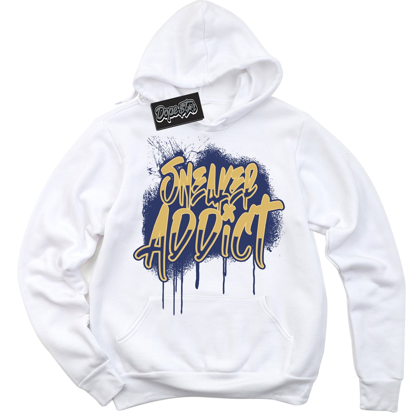 Cool White Hoodie with “Sneaker Addict” design that Perfectly Matches Method of Make Midnight Navy Metallic Gold 1s Jordans.