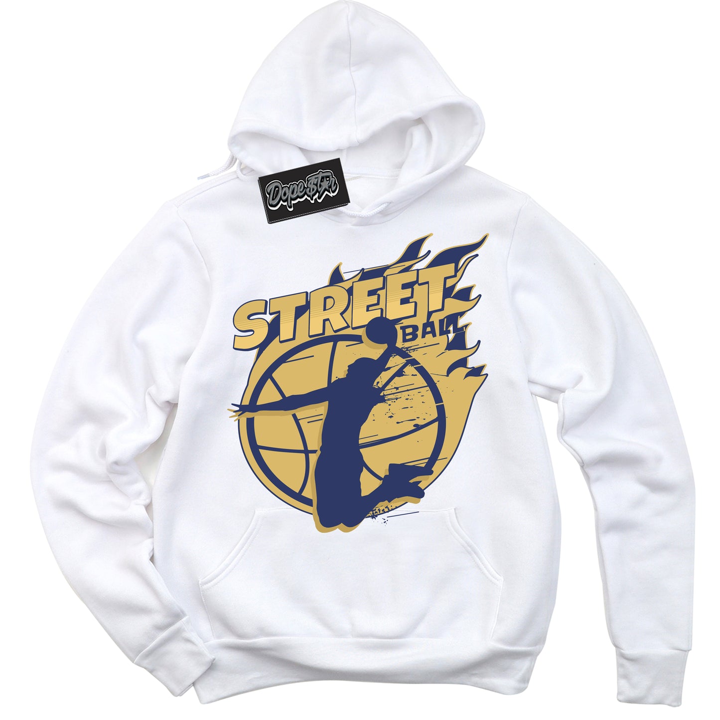 Cool White Hoodie with “Street Ball” design that Perfectly Matches Method of Make Midnight Navy Metallic Gold 1s Jordans.