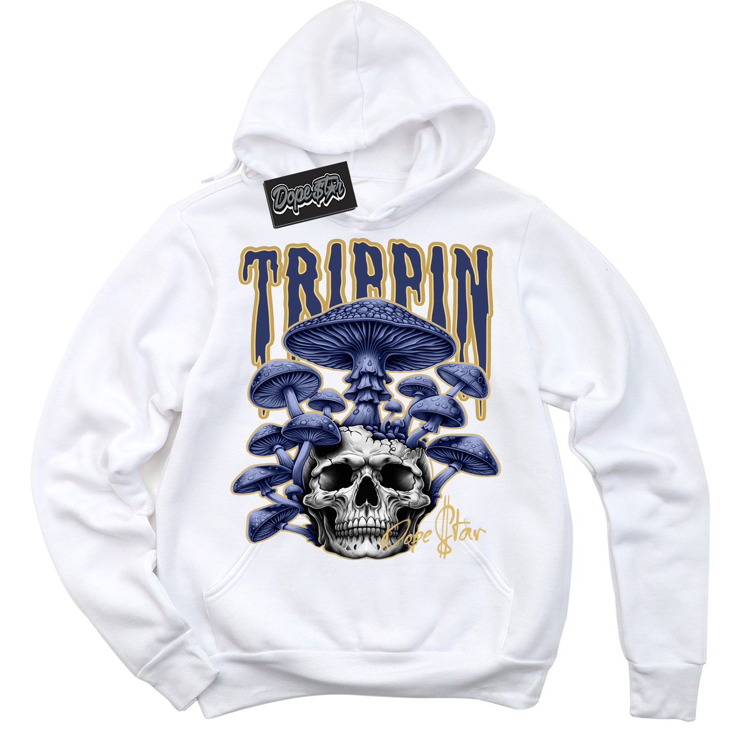 Cool White Hoodie with “Trippin” design that Perfectly Matches Method of Make Midnight Navy Metallic Gold 1s Jordans.