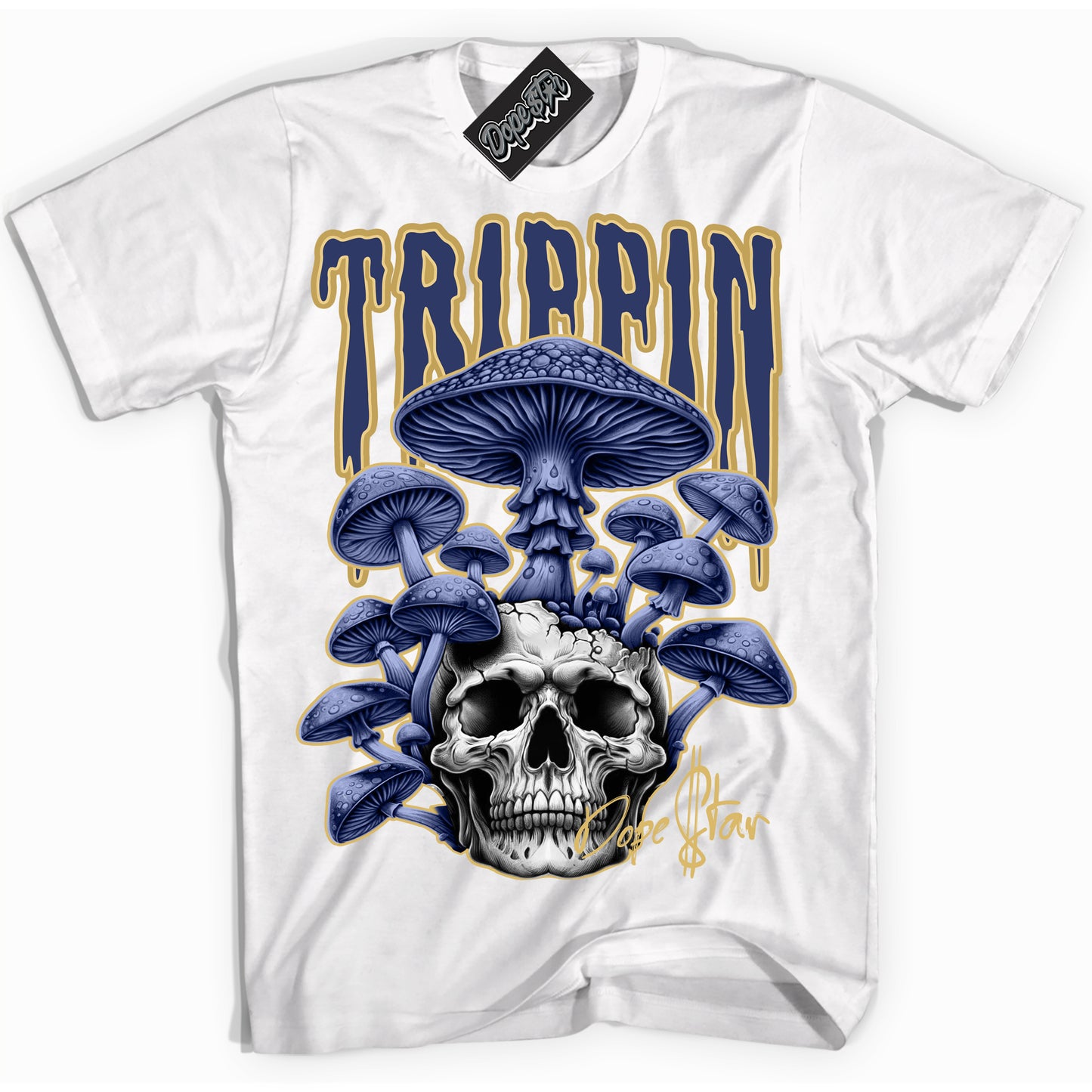 Cool White Shirt with “Trippin” design that perfectly matches the Method of Make Midnight Navy Metallic Gold 1s Jordans.