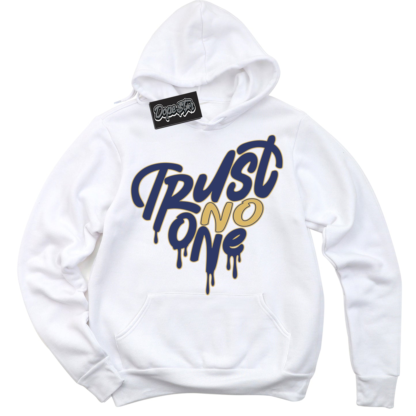 Cool White Hoodie with “Trust No One Heart” design that Perfectly Matches Method of Make Midnight Navy Metallic Gold 1s Jordans.