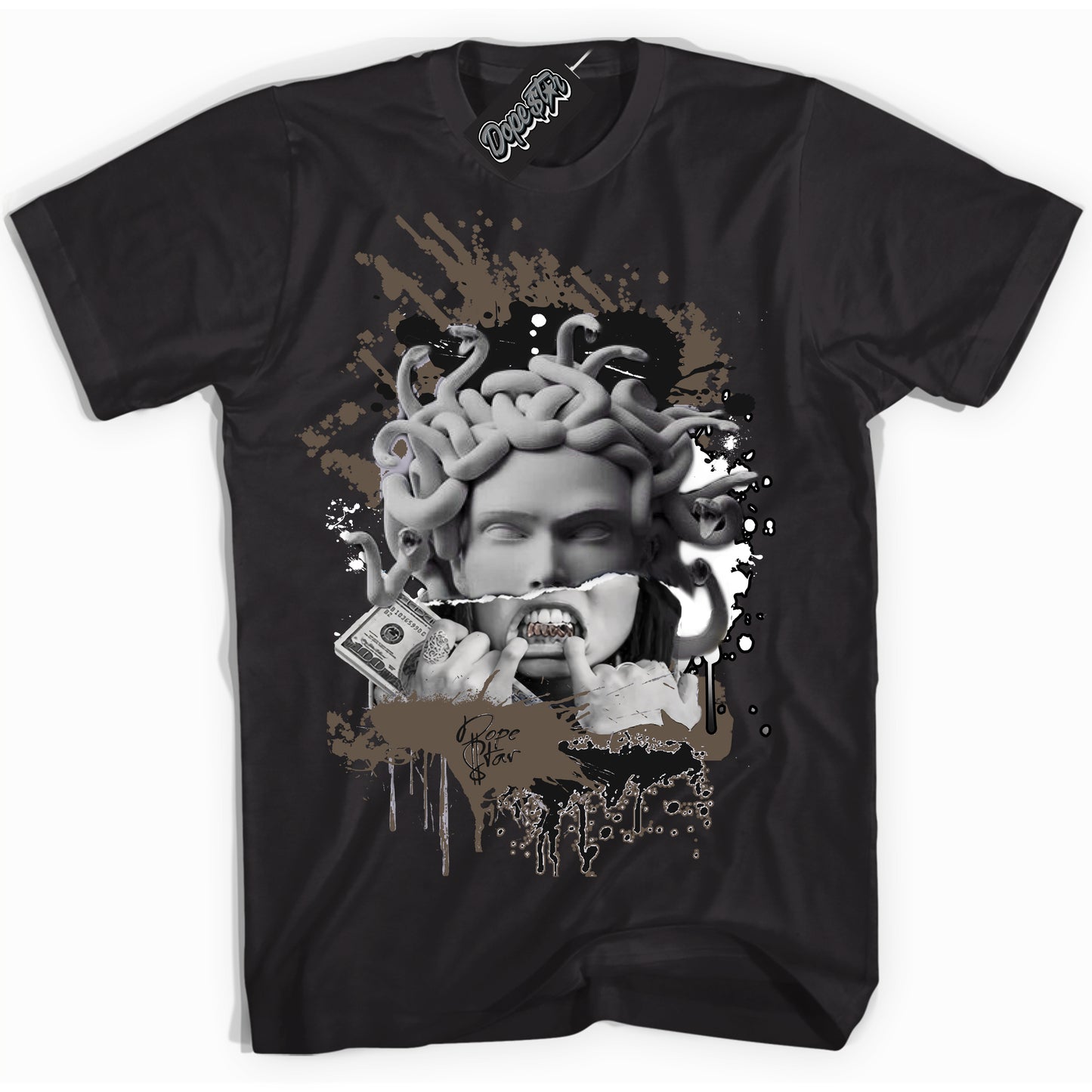 Cool Black Shirt with “Medusa” design that perfectly matches the Mocha Palomino 1s Jordans.