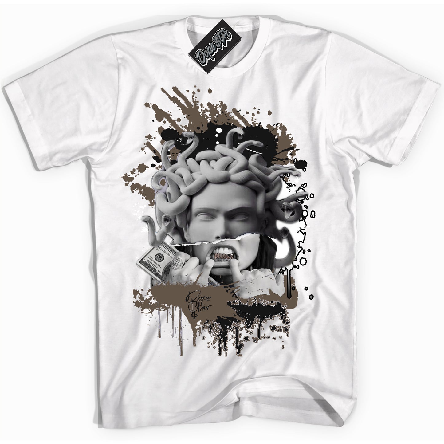 Cool White Shirt with “Medusa” design that perfectly matches the Mocha Palomino 1s Jordans.