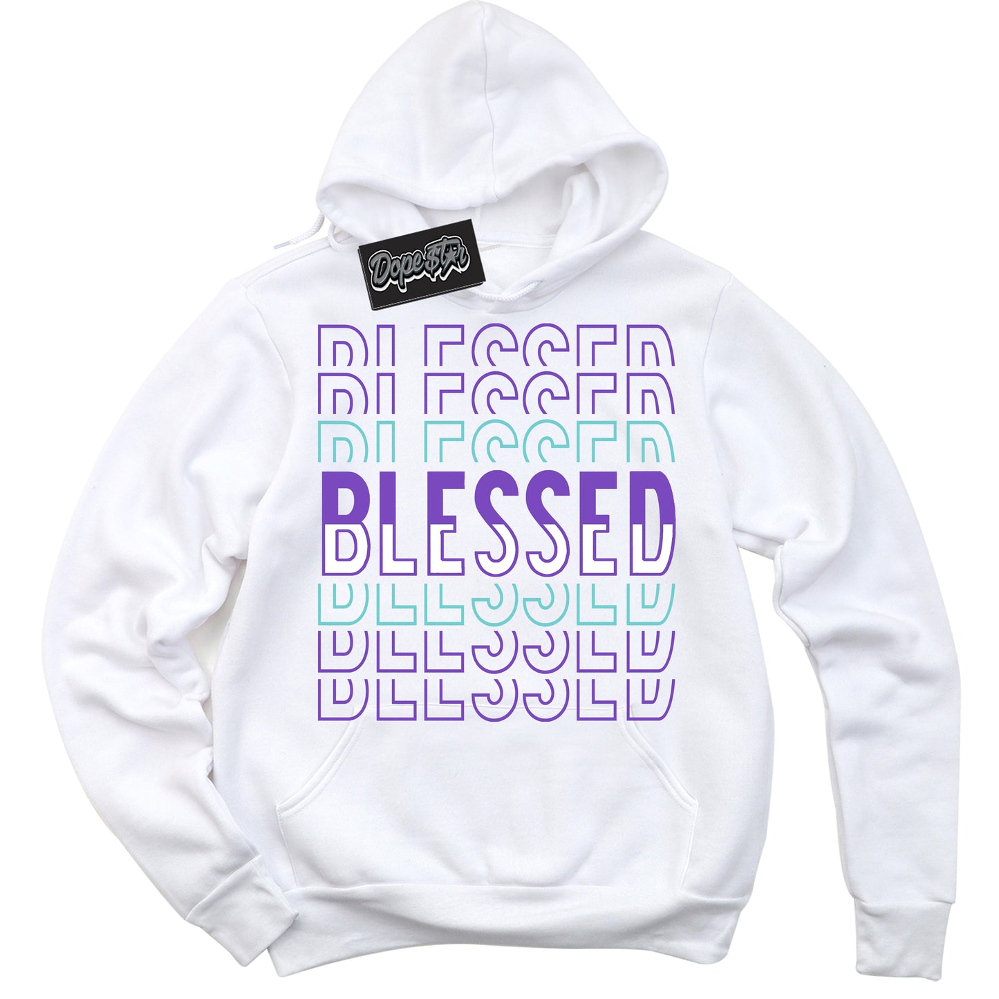Cool White Hoodie with “Blessed Stacked” design that Perfectly Matches Psychic Purple Hyper Jade 1s Jordans.