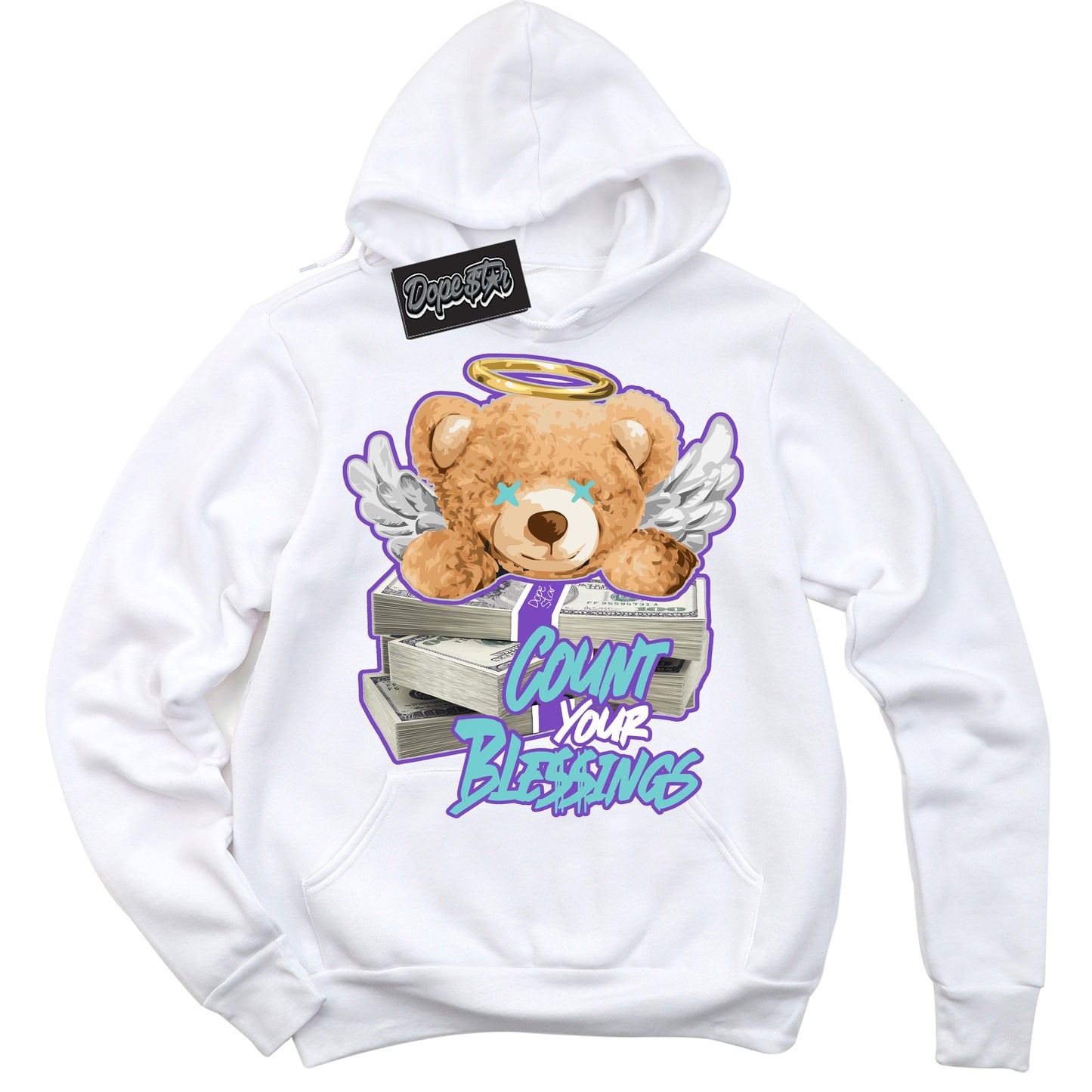 Cool White Hoodie with “Count Your Blessings” design that Perfectly Matches Psychic Purple Hyper Jade 1s Jordans.