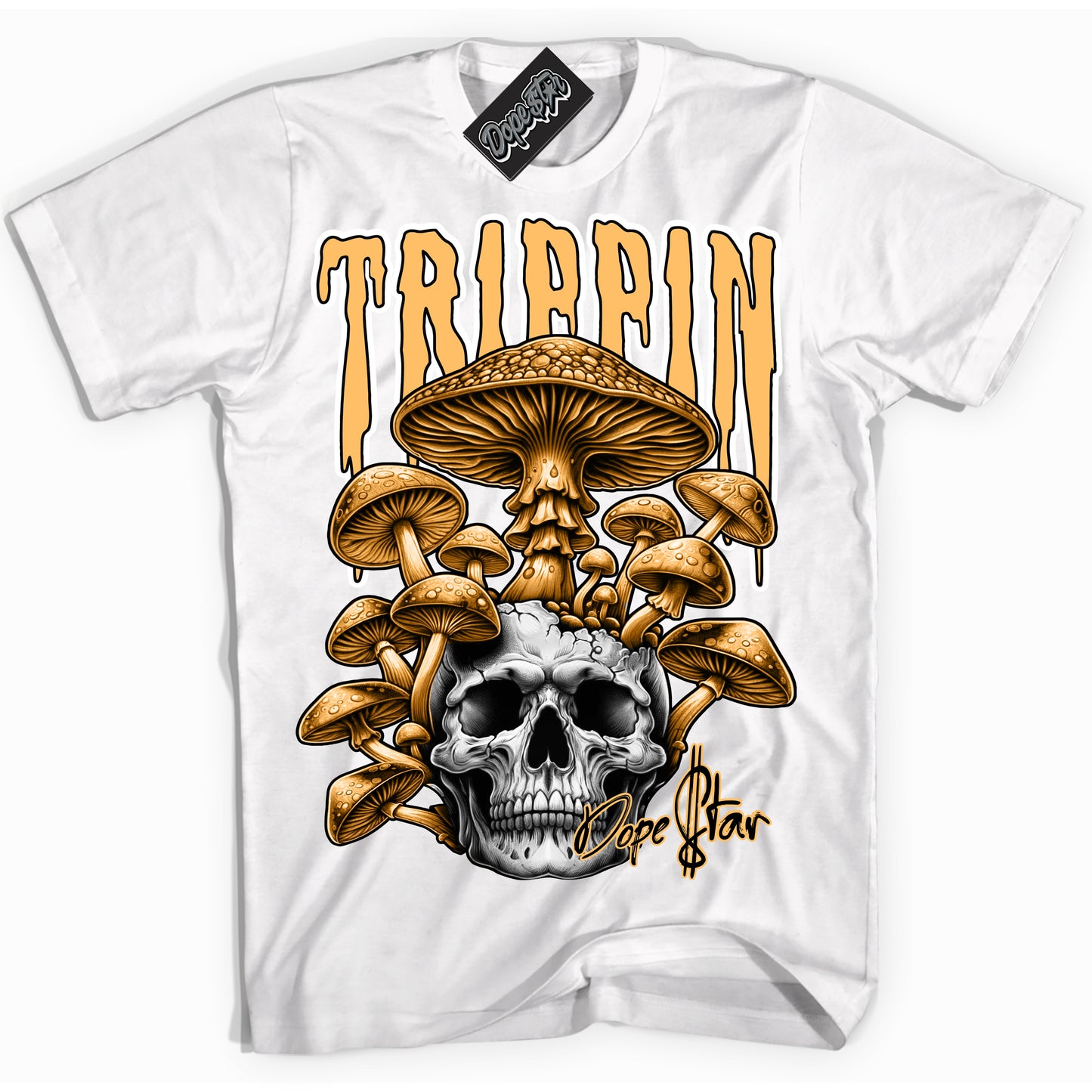 Cool White Shirt with “Trippin” design that perfectly matches Yellow Ochre 1s.
