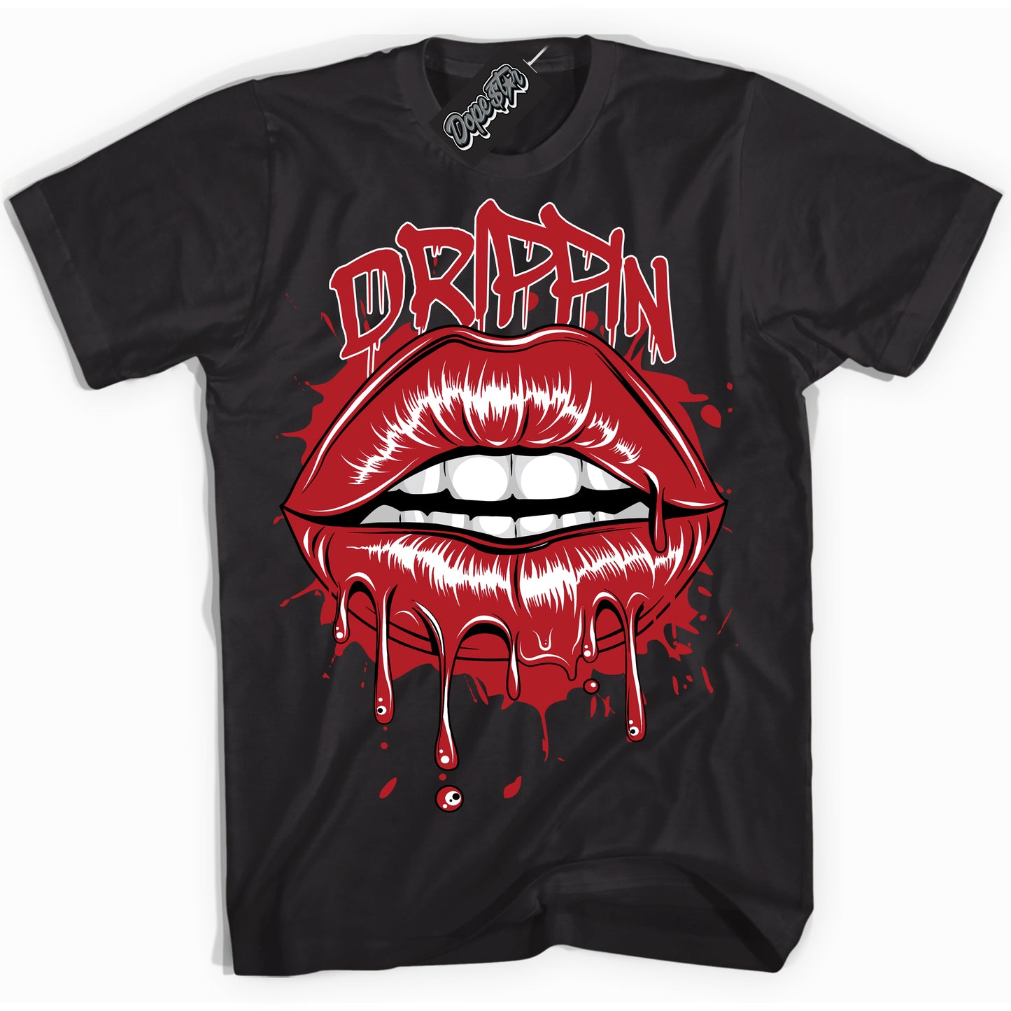 Cool Black Shirt with “Drippin” design that perfectly matches the Black Toe Reimagined 1s Jordans.