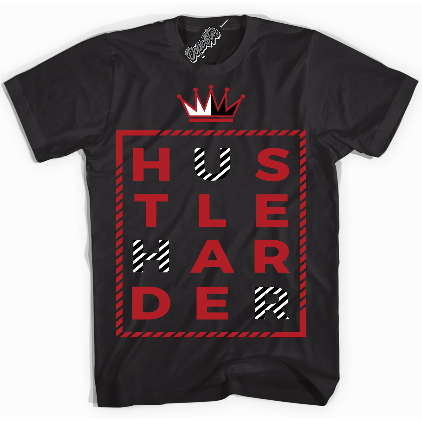 Cool Black Shirt with “Hustle Harder” design that perfectly matches the Black Toe Reimagined 1s Jordans.