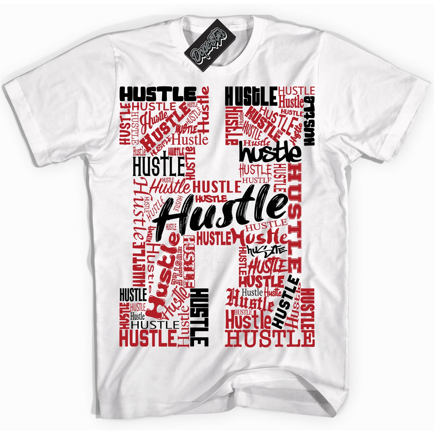 Cool White Shirt with “Hustle H” design that perfectly matches the Black Toe Reimagined 1s Jordans.