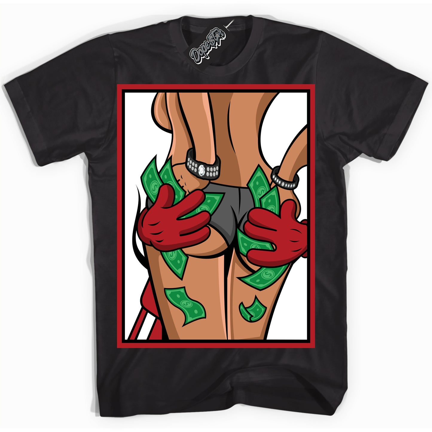 Cool Black Shirt with “Money Hands” design that perfectly matches the Black Toe Reimagined 1s Jordans.