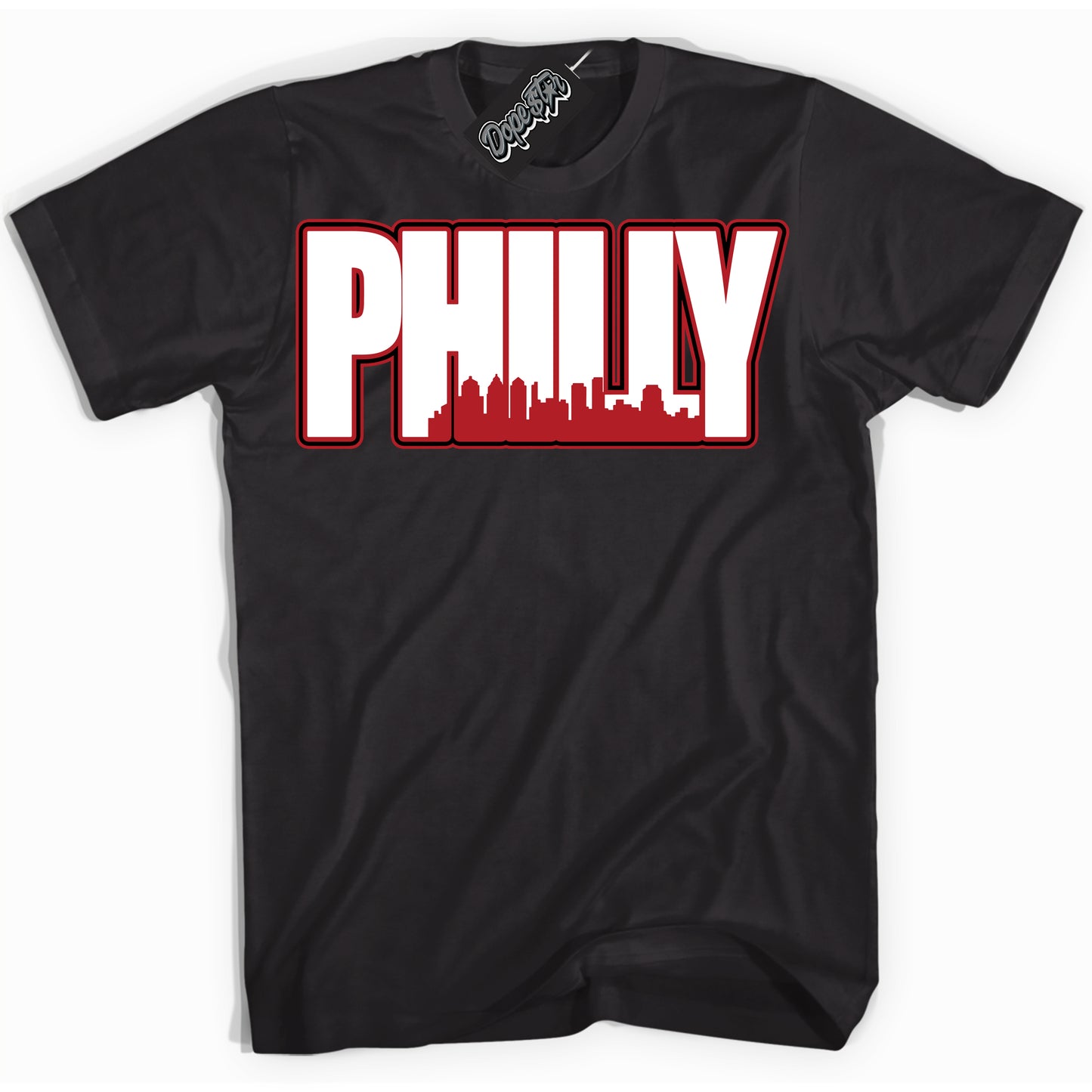 Cool Black Shirt with “Philly” design that perfectly matches the Black Toe Reimagined 1s Jordans.