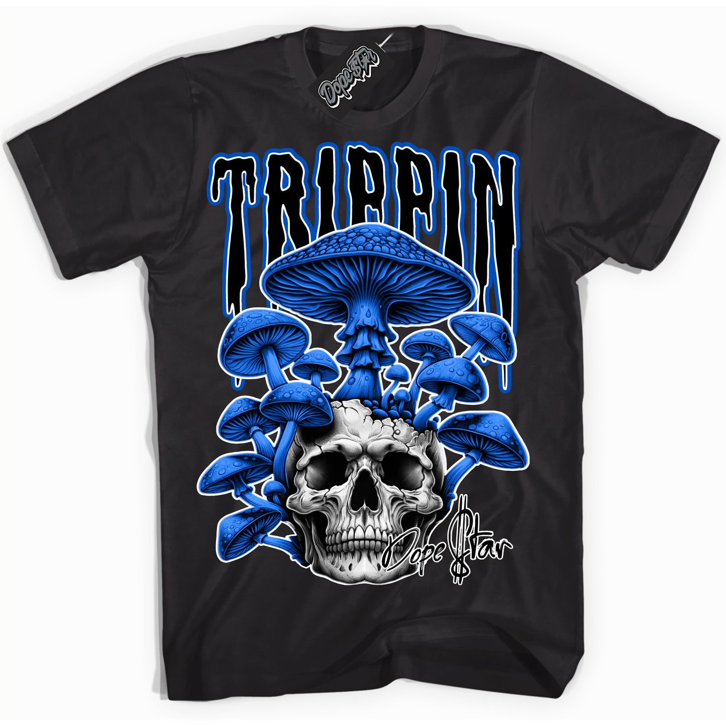 Cool Black Shirt with “Trippin” design that perfectly matches Royal Reimagined 1s.
