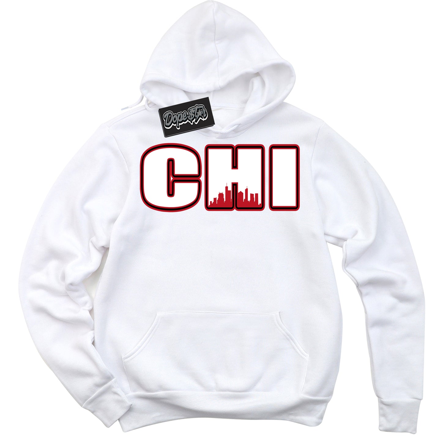 Cool White Hoodie with “Chicago” design that Perfectly Matches Trophy Room 1s Jordans.