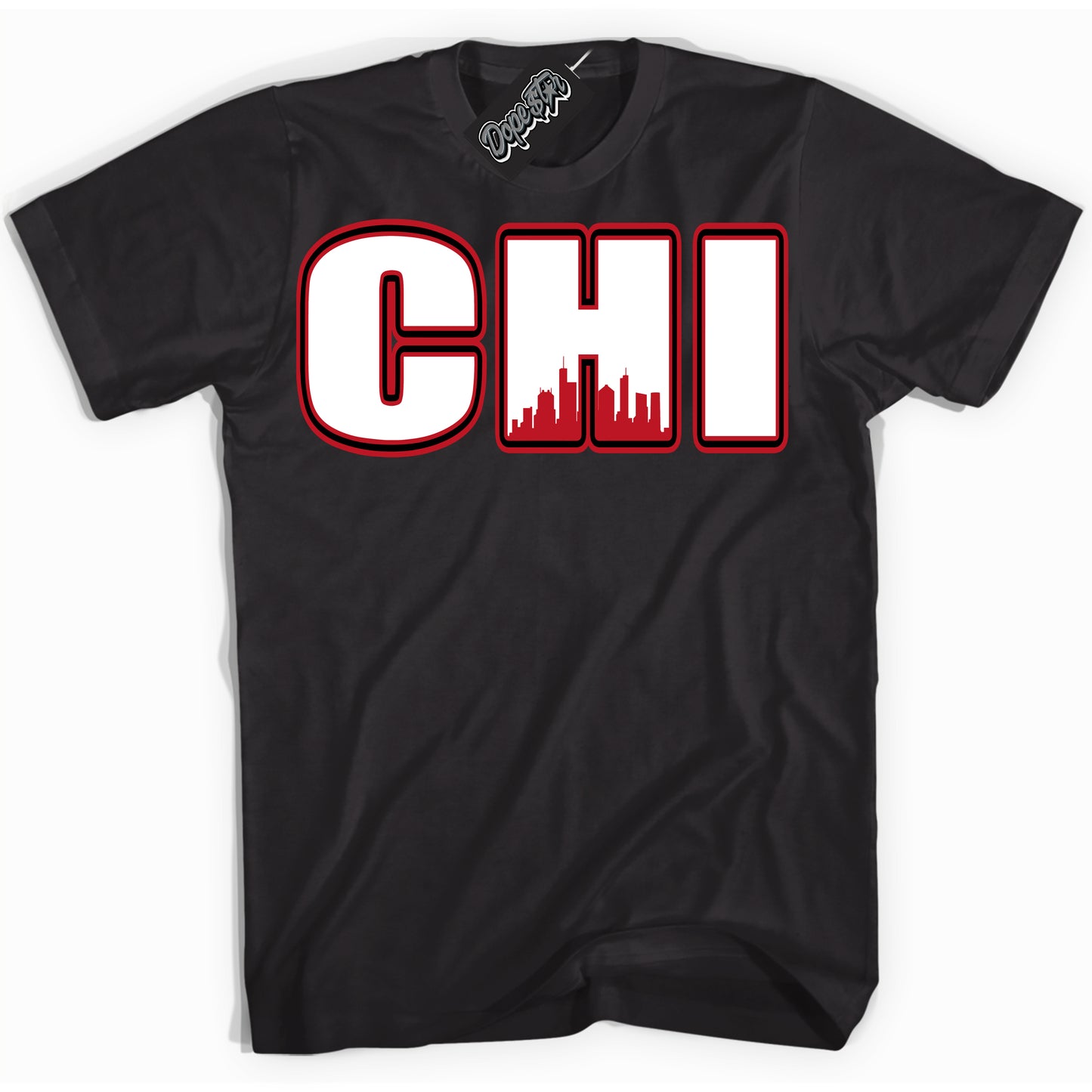 Cool Black Shirt with “Chicago” design that perfectly matches the Trophy Room 1s Jordans.