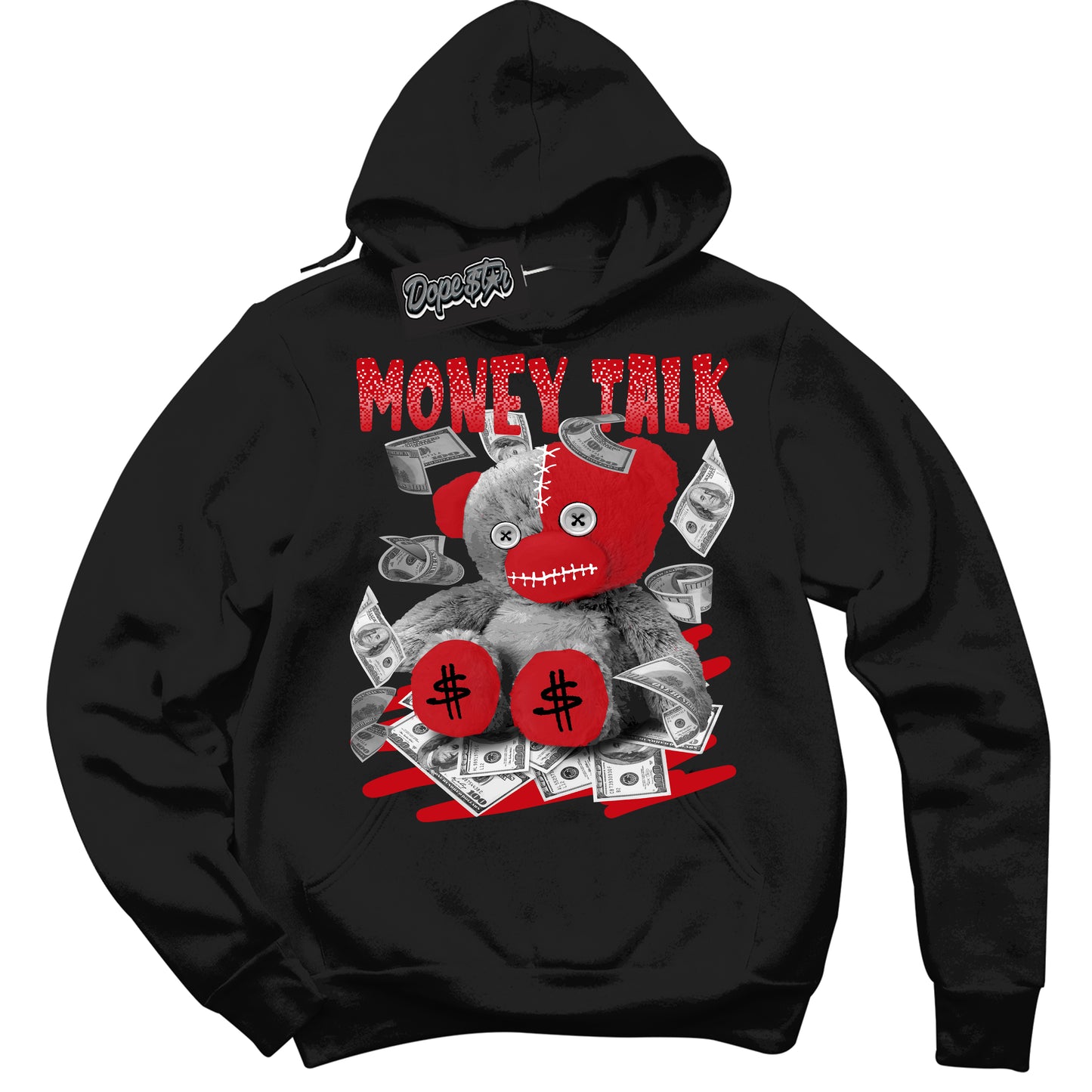 Cool Black Hoodie with “Money Talk Bear” design that Perfectly Matches Trophy Room 1s Jordans.