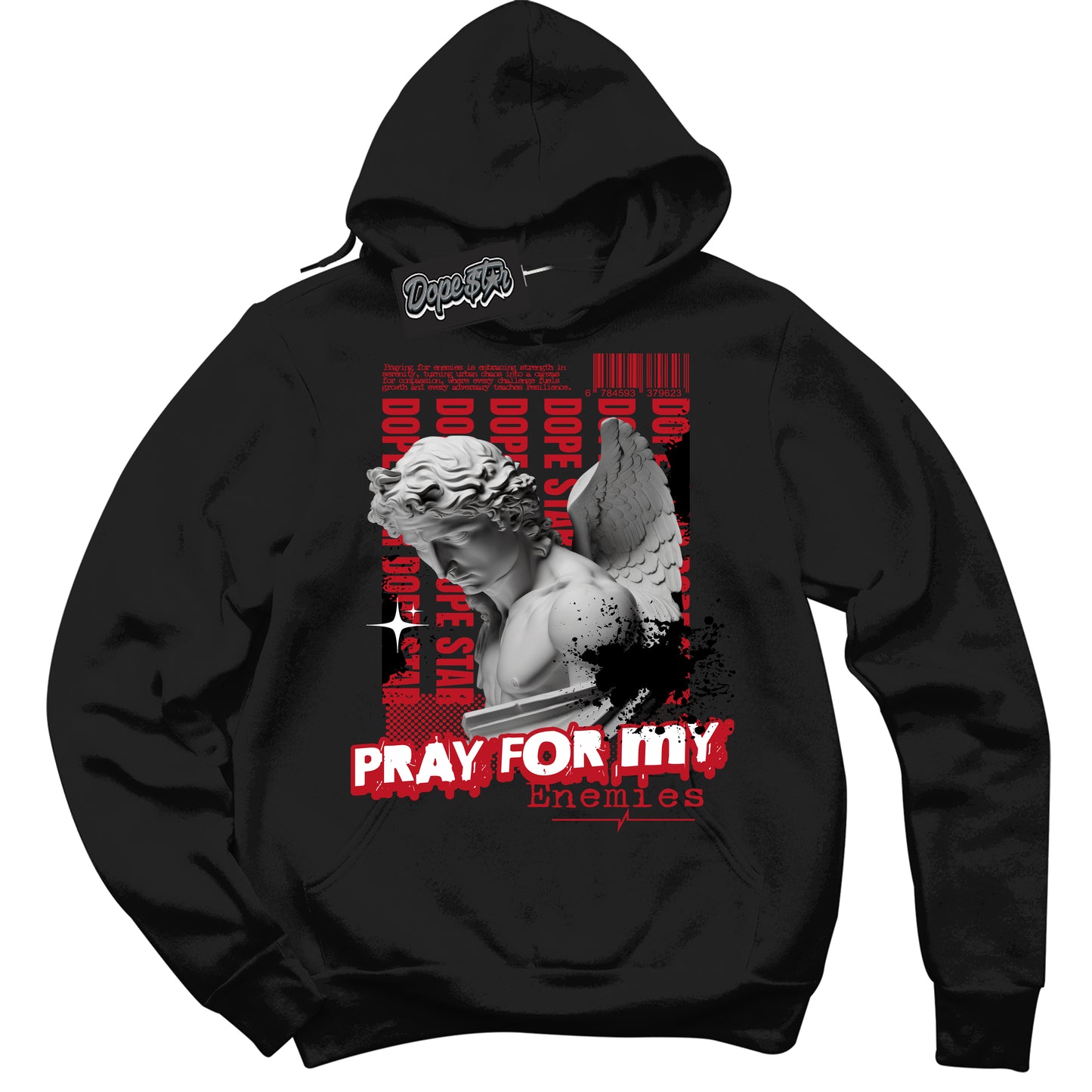Cool Black Hoodie with “Pray Enemies” design that Perfectly Matches Trophy Room 1s Jordans.