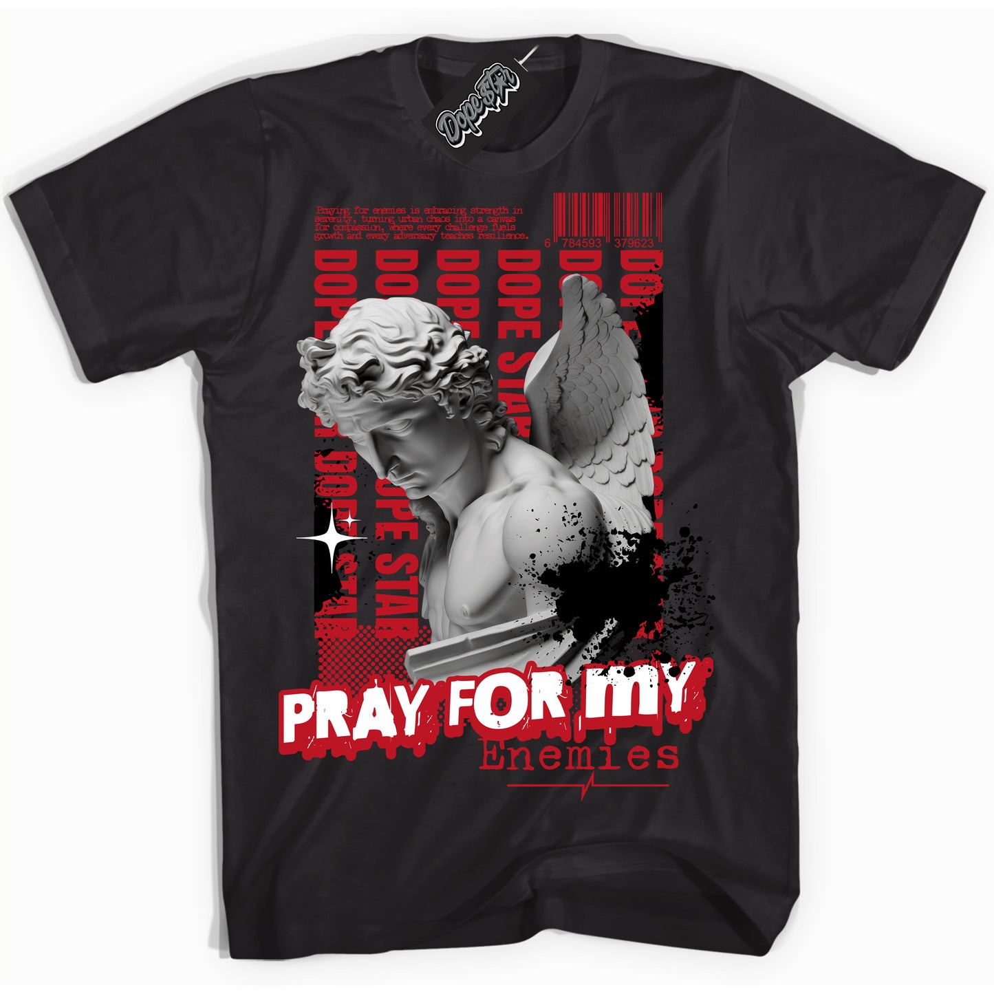 Cool Black Shirt with “Pray Enemies” design that perfectly matches the Trophy Room 1s Jordans.