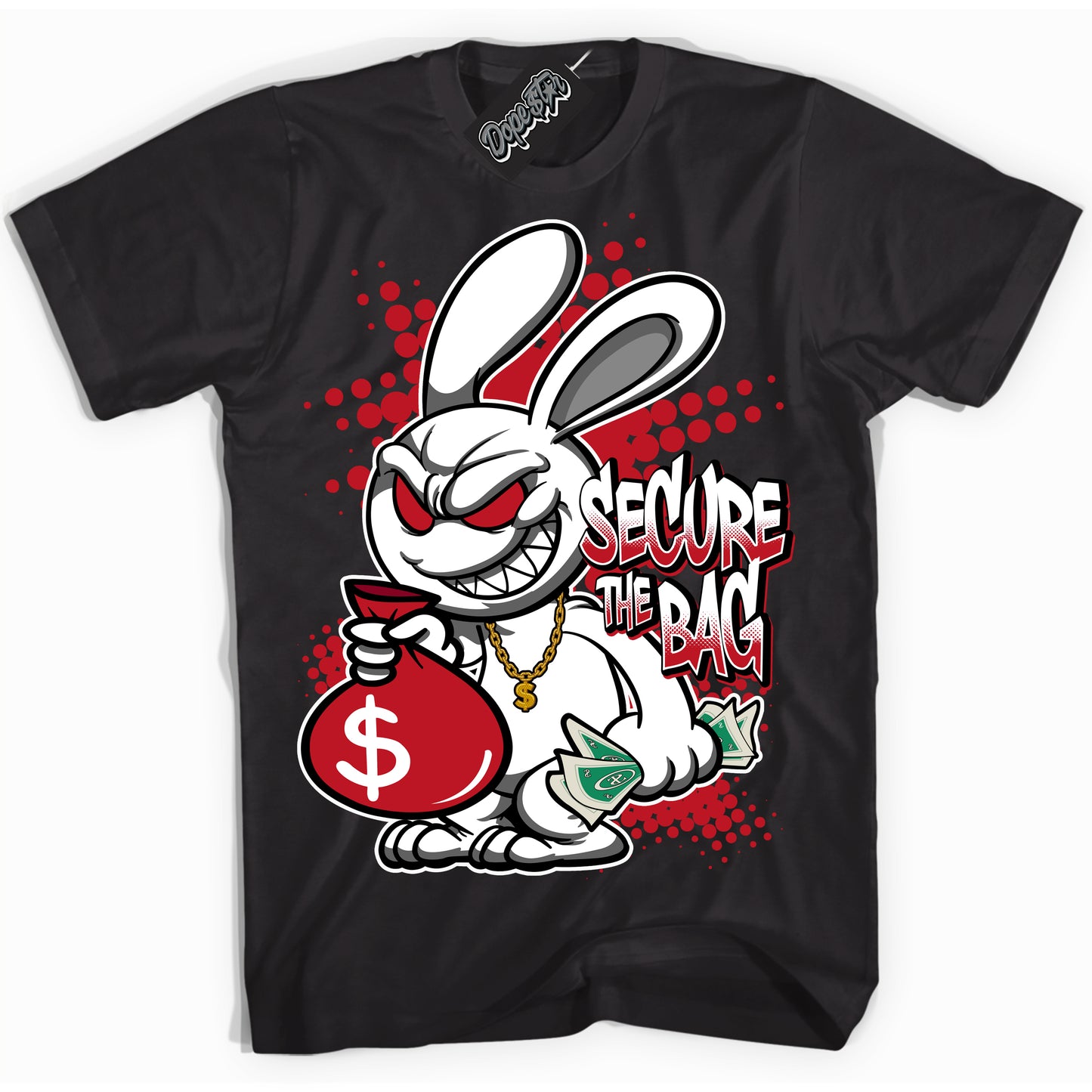 Cool Black Shirt with “Secure The Bag” design that perfectly matches the Trophy Room 1s Jordans.