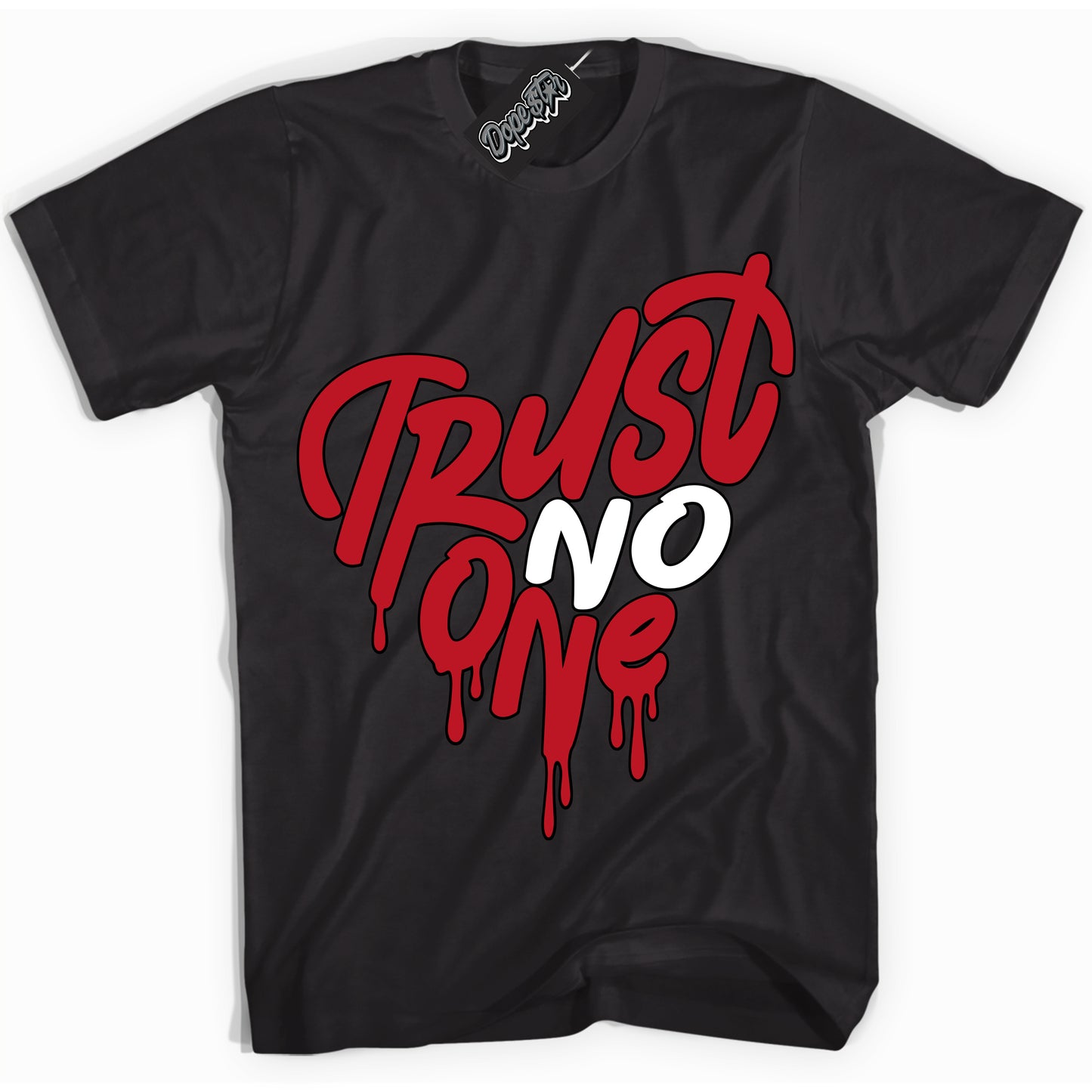 Cool Black Shirt with “Trust No One Heart” design that perfectly matches the Trophy Room 1s Jordans.