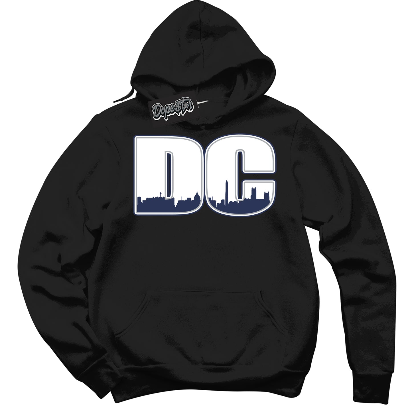 Cool Black Hoodie with “DC” design that Perfectly Matches Midnight Navy 3s Jordans.
