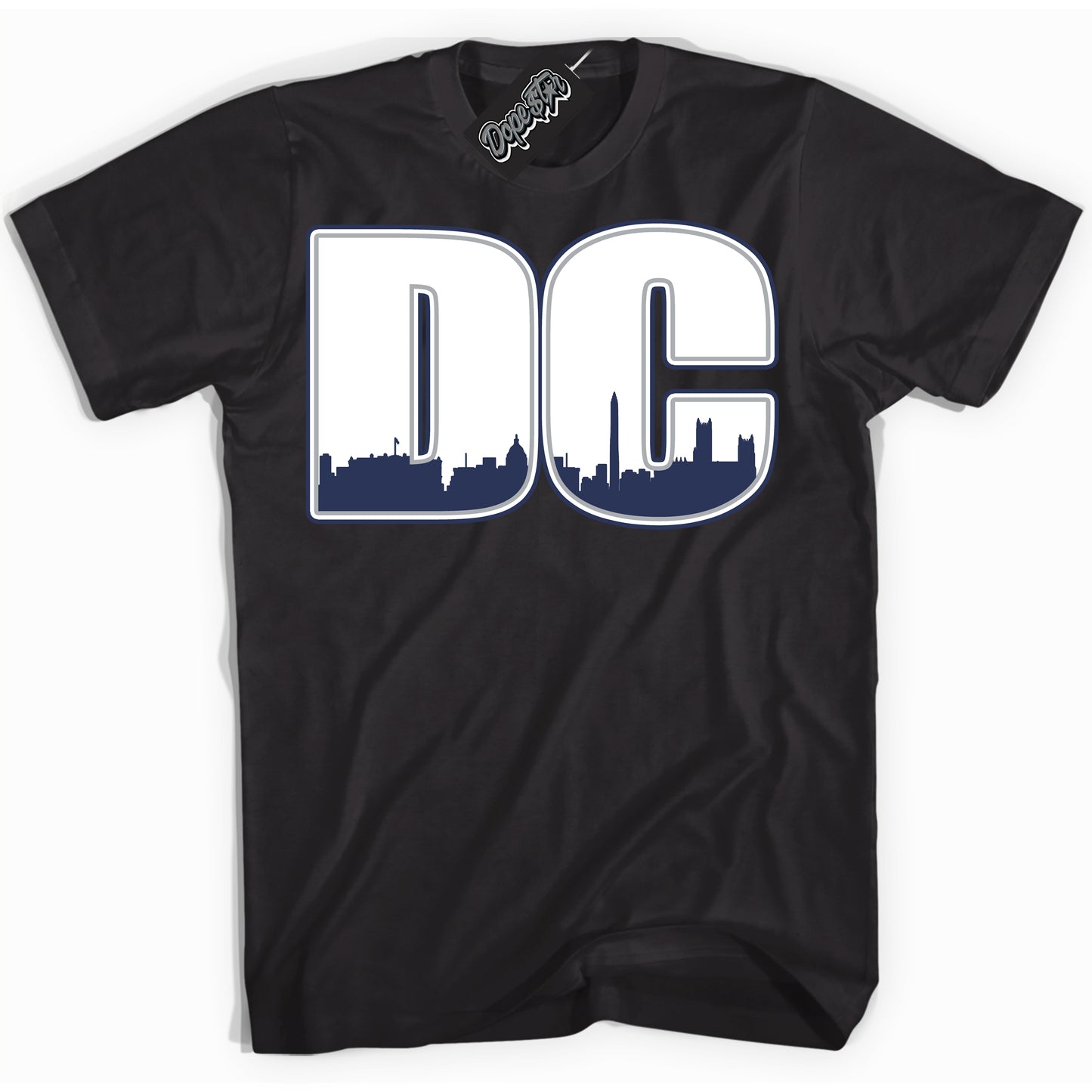 Cool Black Shirt with “DC” design that perfectly matches the Midnight Navy 3s Jordans.