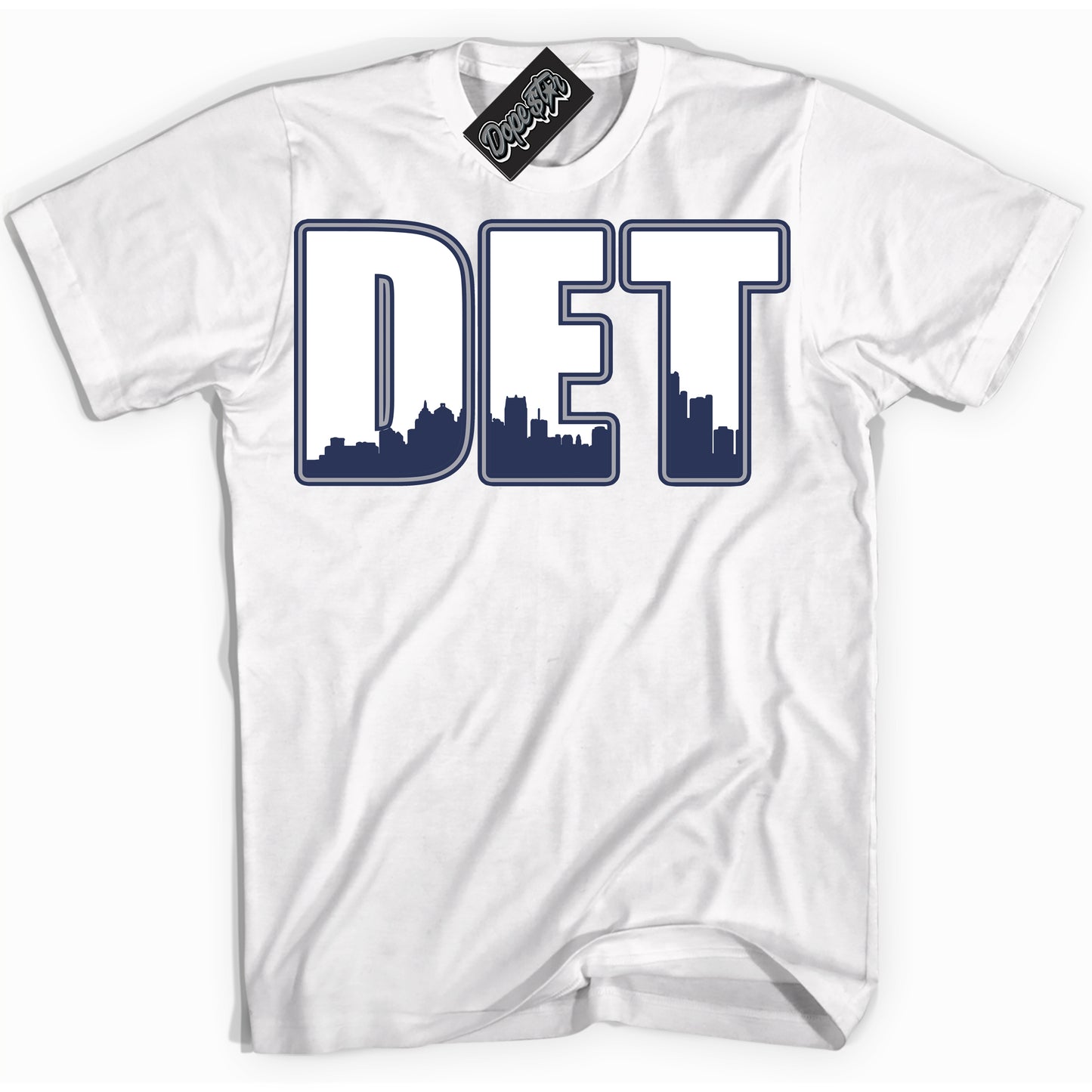 Cool White Shirt with “Detroit” design that perfectly matches the Midnight Navy 3s Jordans.