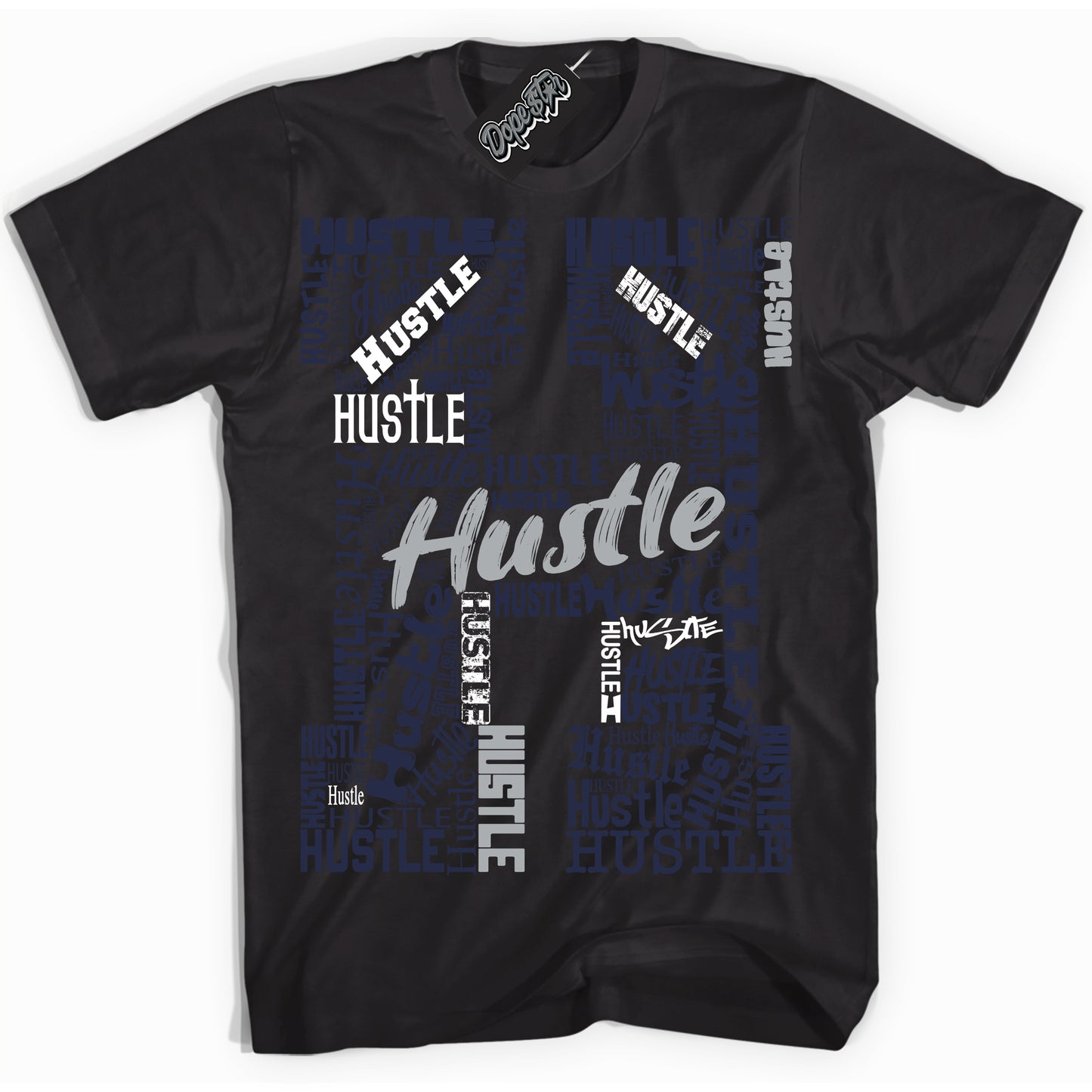 Cool Black Shirt with “Hustle H” design that perfectly matches the Midnight Navy 3s Jordans.