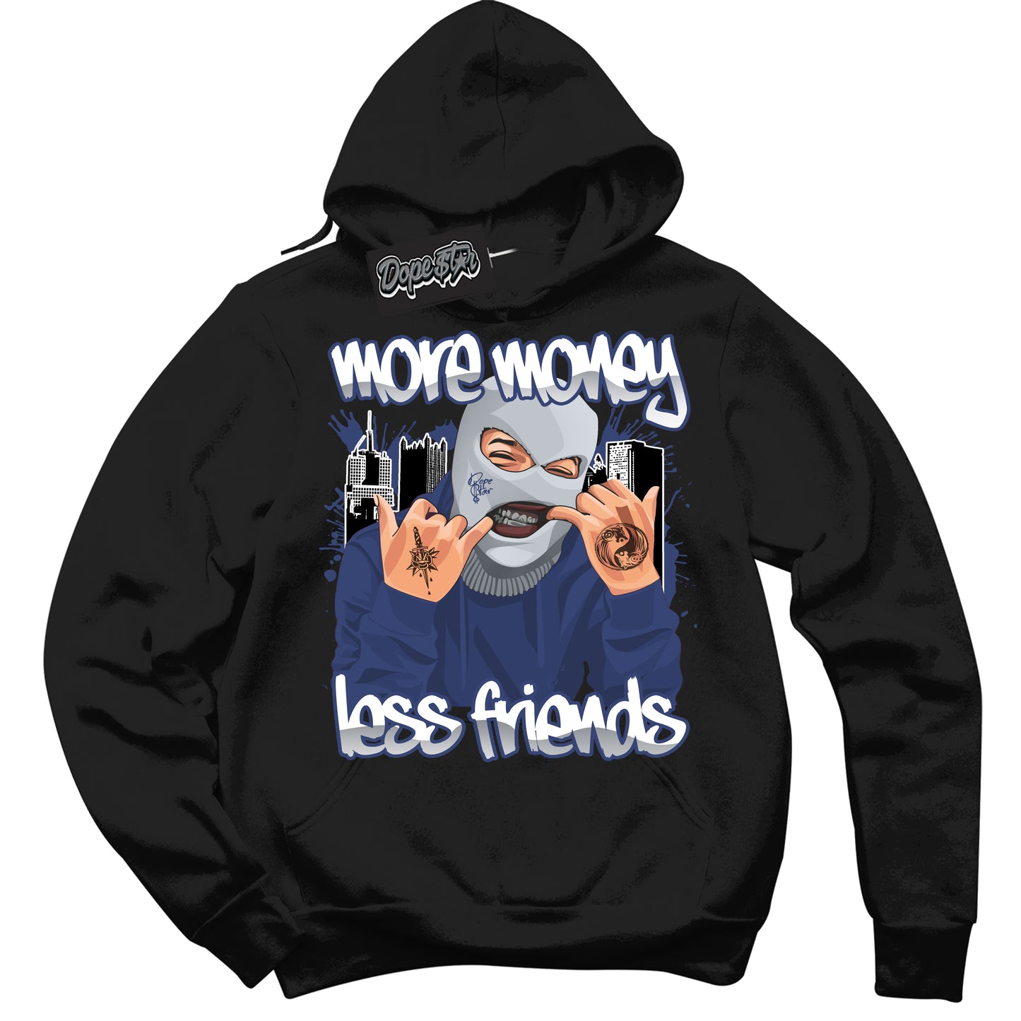 Cool Black Hoodie with “More Money Less Friends” design that Perfectly Matches Midnight Navy 3s Jordans.
