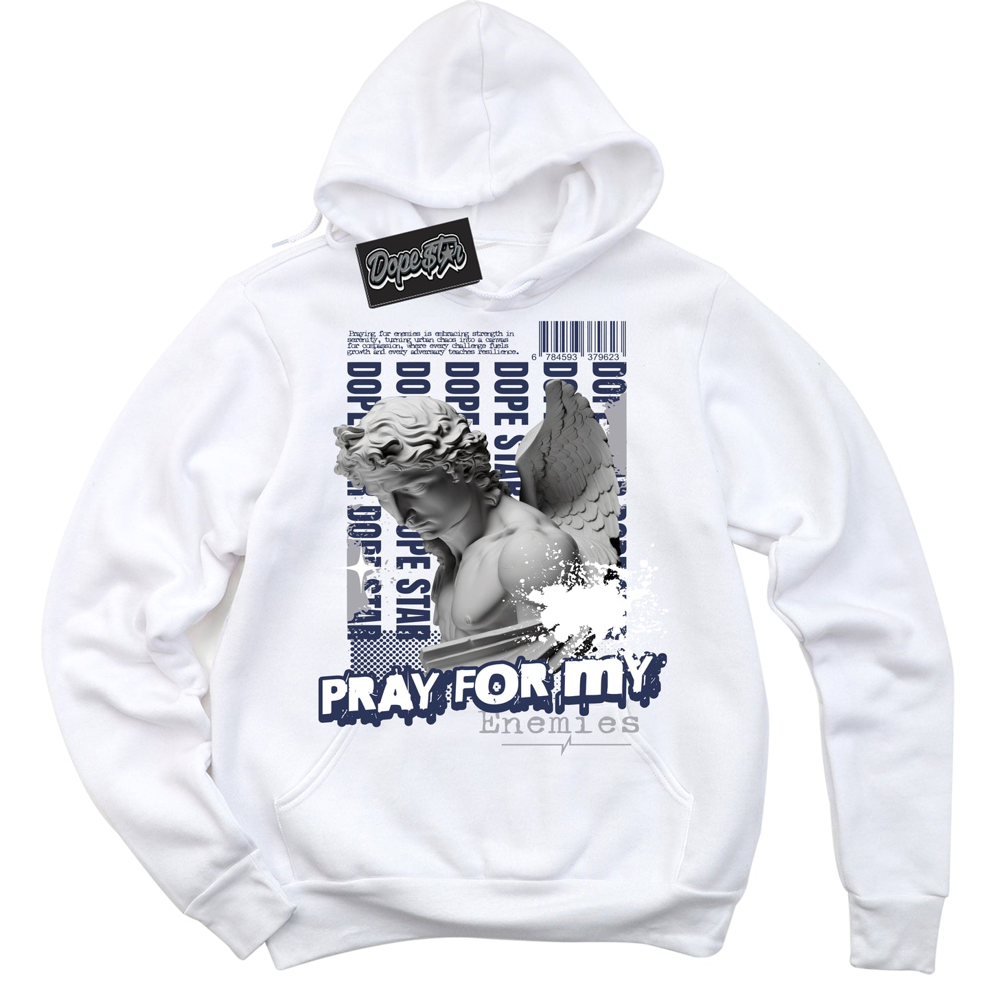 Cool White Hoodie with “Pray Enemies” design that Perfectly Matches Midnight Navy 3s Jordans.