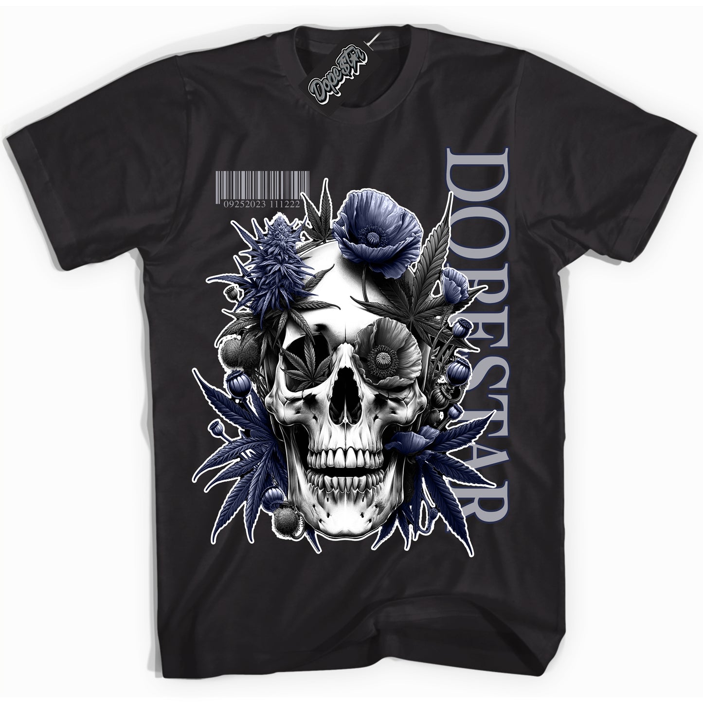 Cool Black Shirt with “Skull Poppies” design that perfectly matches the Midnight Navy 3s Jordans.