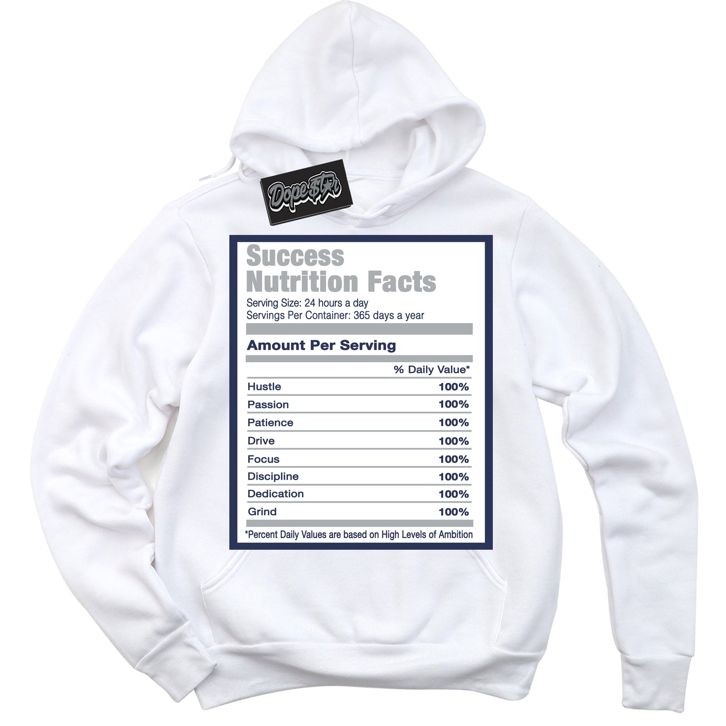 Cool White Hoodie with “Success Nutrition” design that Perfectly Matches Midnight Navy 3s Jordans.