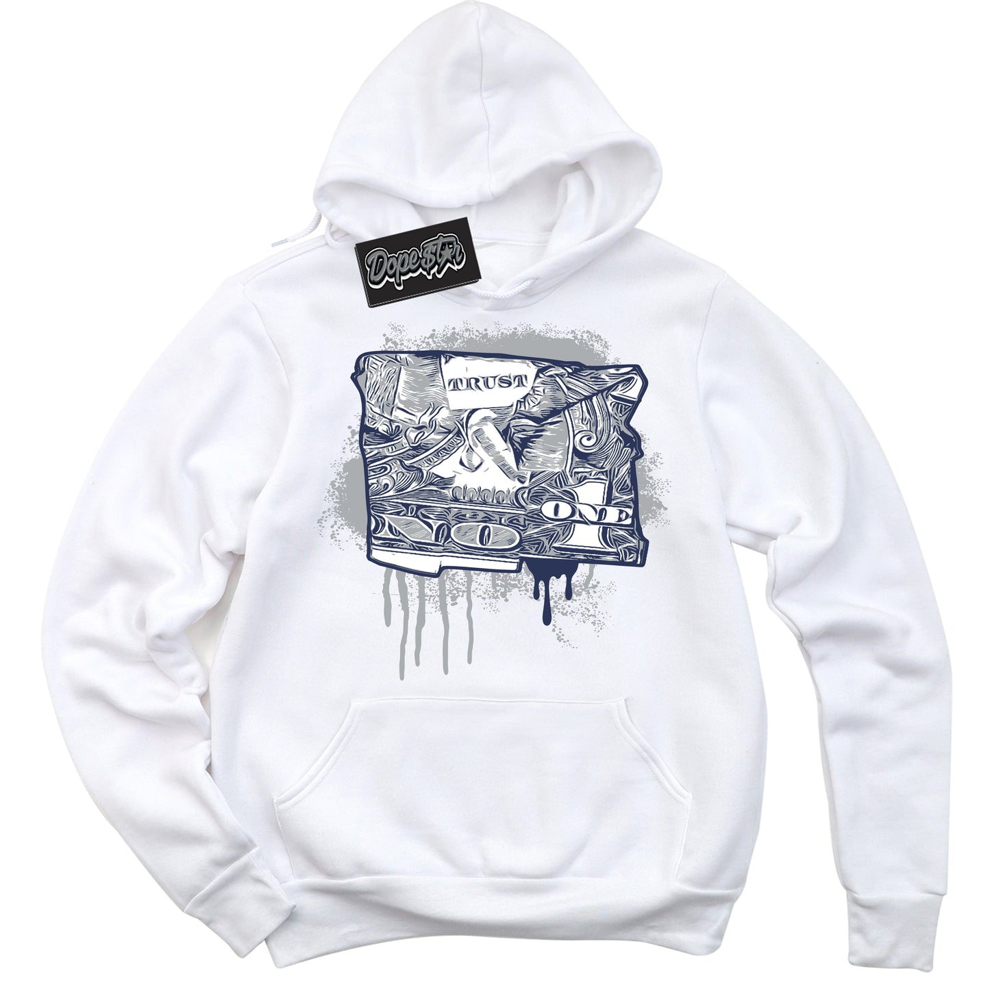Cool White Hoodie with “Trust No One Dollar” design that Perfectly Matches Midnight Navy 3s Jordans.