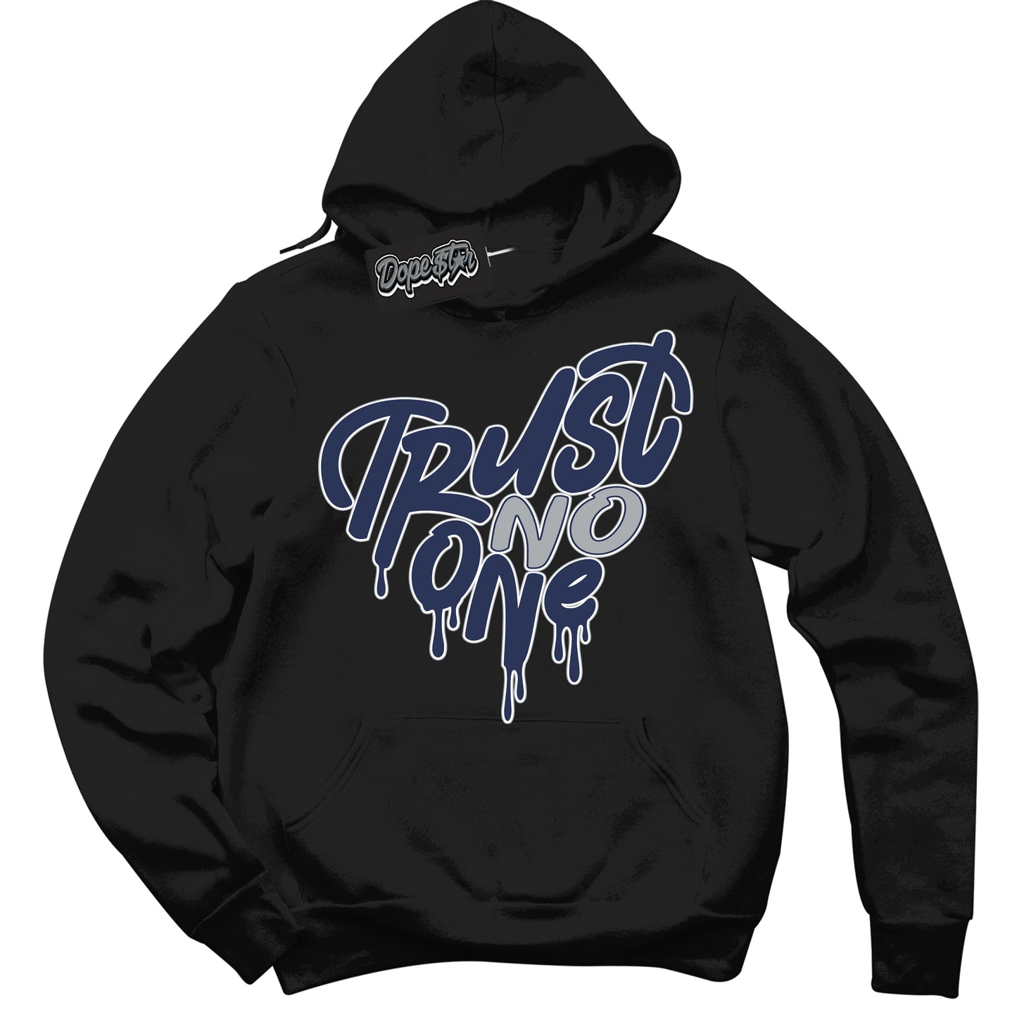Cool Black Hoodie with “Trust No One Heart” design that Perfectly Matches Midnight Navy 3s Jordans.