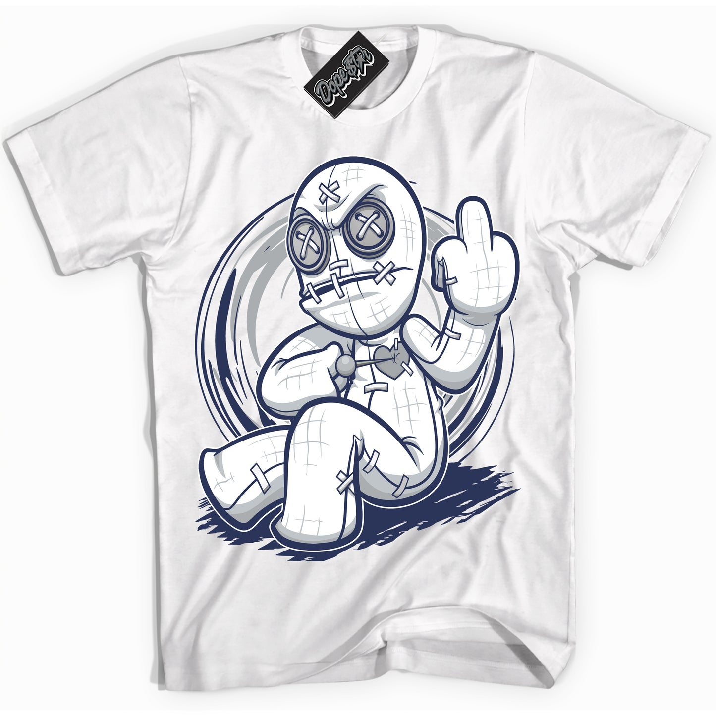 Cool White Shirt with “Voodoo Doll” design that perfectly matches the Midnight Navy 3s Jordans.