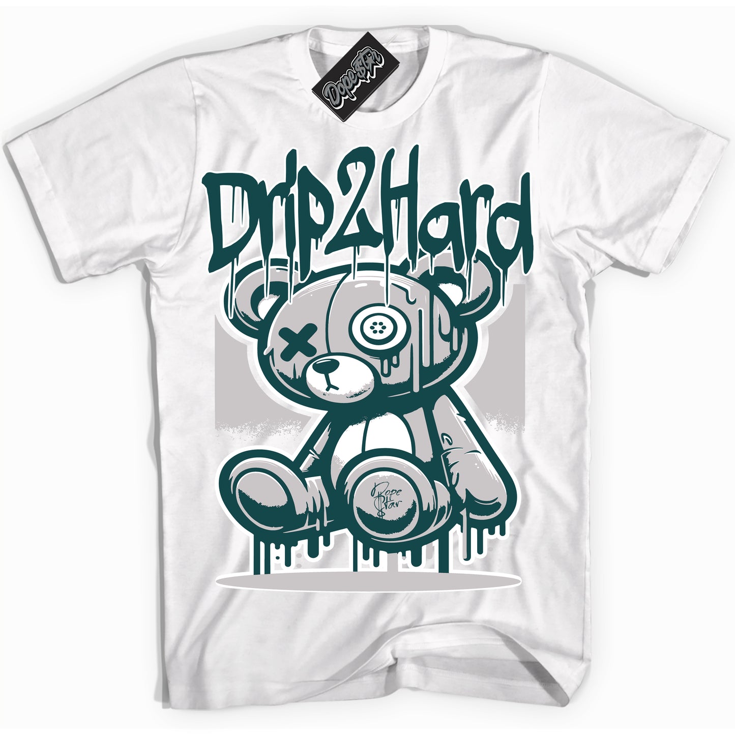 Cool White Shirt with “ Drip 2 Hard ” design that perfectly matches Oxidized Green 4s Jordans.