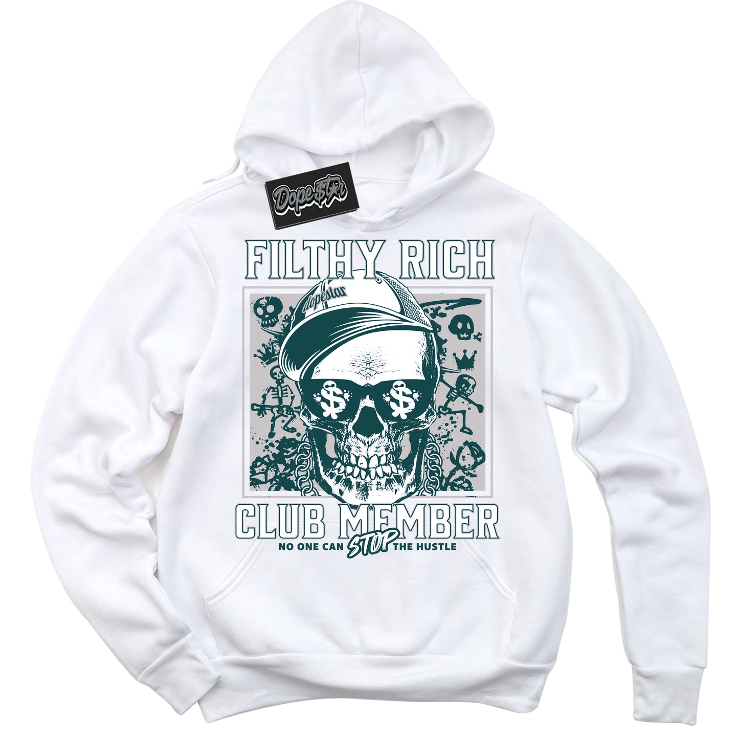Cool White Hoodie with “ Filthy Rich ” design that Perfectly Matches Oxidized Green 4s Jordans.