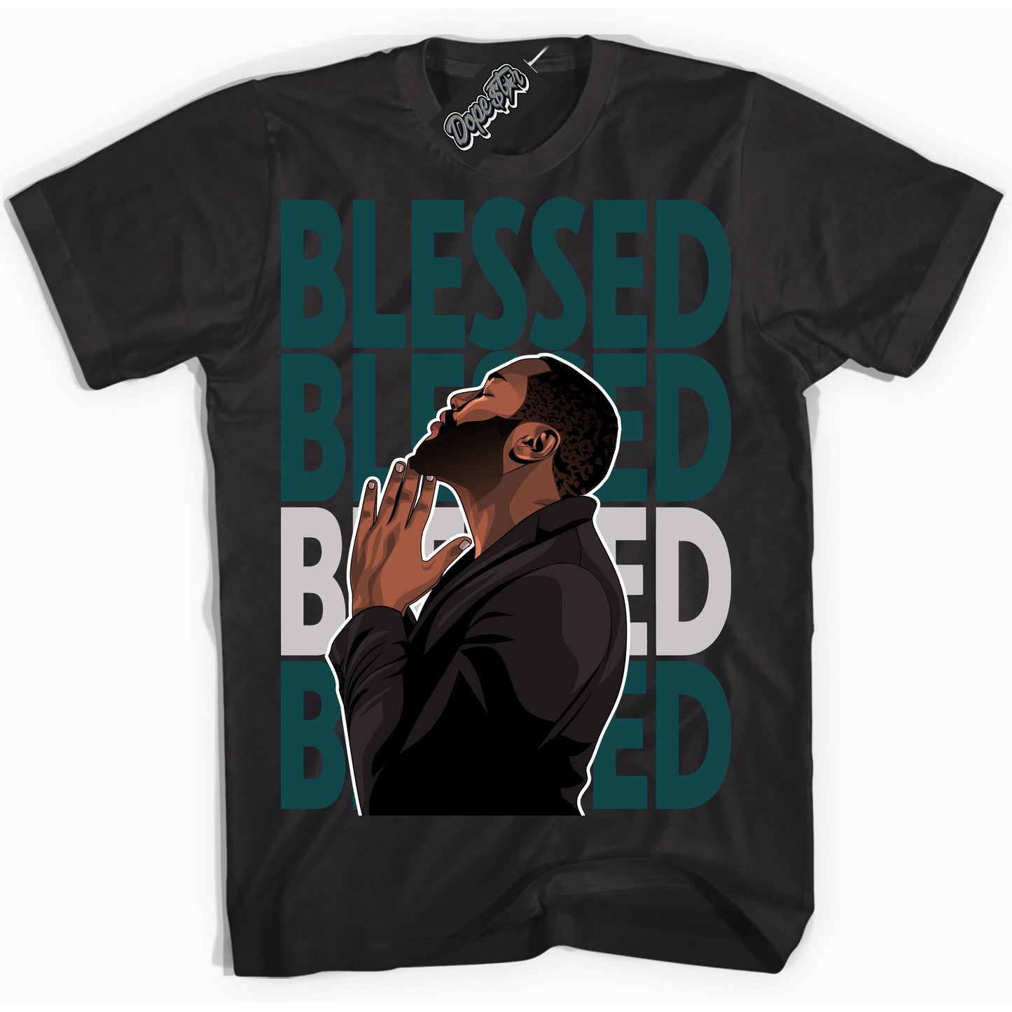 Cool Black Shirt with “ God Blessed” design that perfectly matches Oxidized Green 4s Jordans.