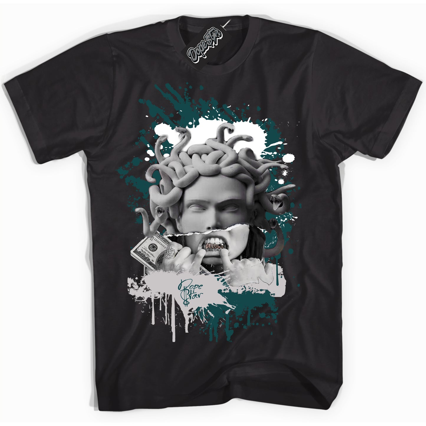 Cool Black Shirt with “ Medusa” design that perfectly matches Oxidized Green 4s Jordans.