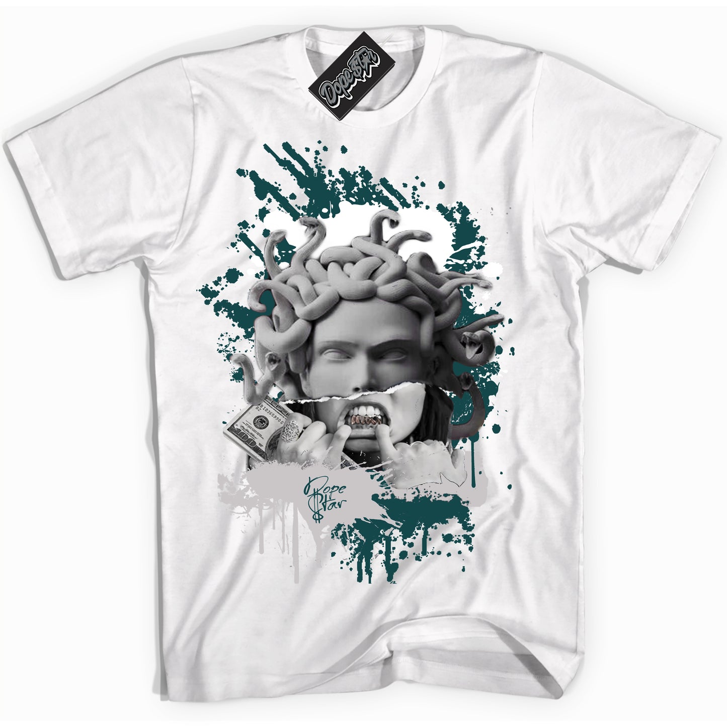 Cool White Shirt with “ Medusa” design that perfectly matches Oxidized Green 4s Jordans.