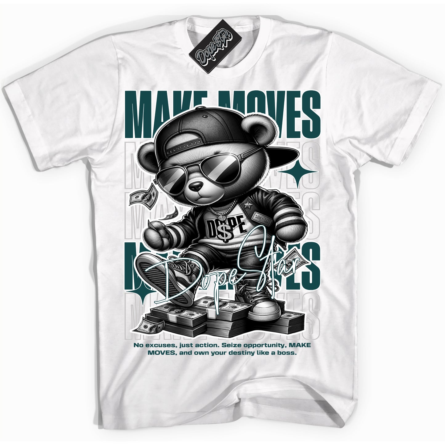 Cool White Shirt with “ Make Moves” design that perfectly matches Oxidized Green 4s Jordans.