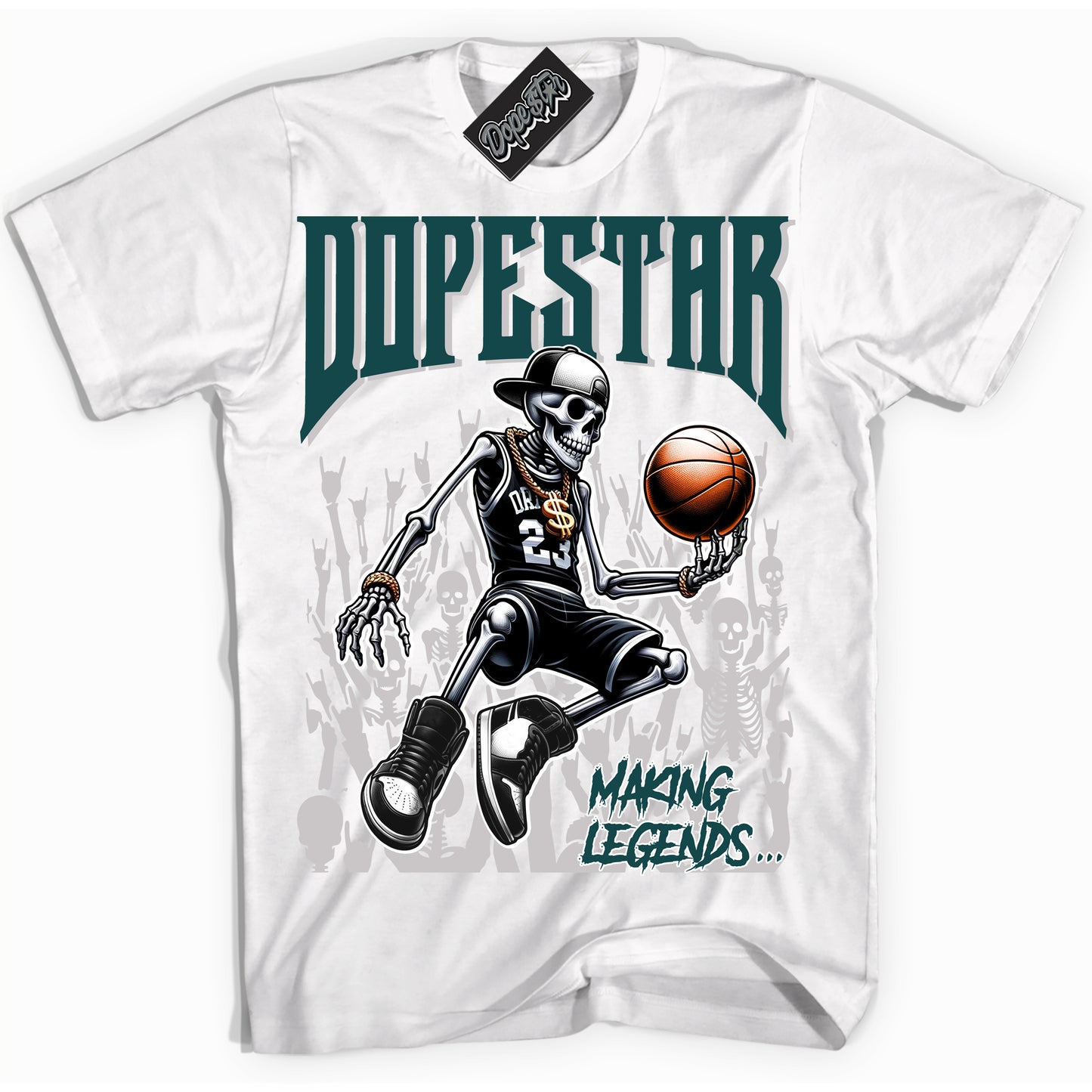 Cool White Shirt with “ Making Legends” design that perfectly matches Oxidized Green 4s Jordans.