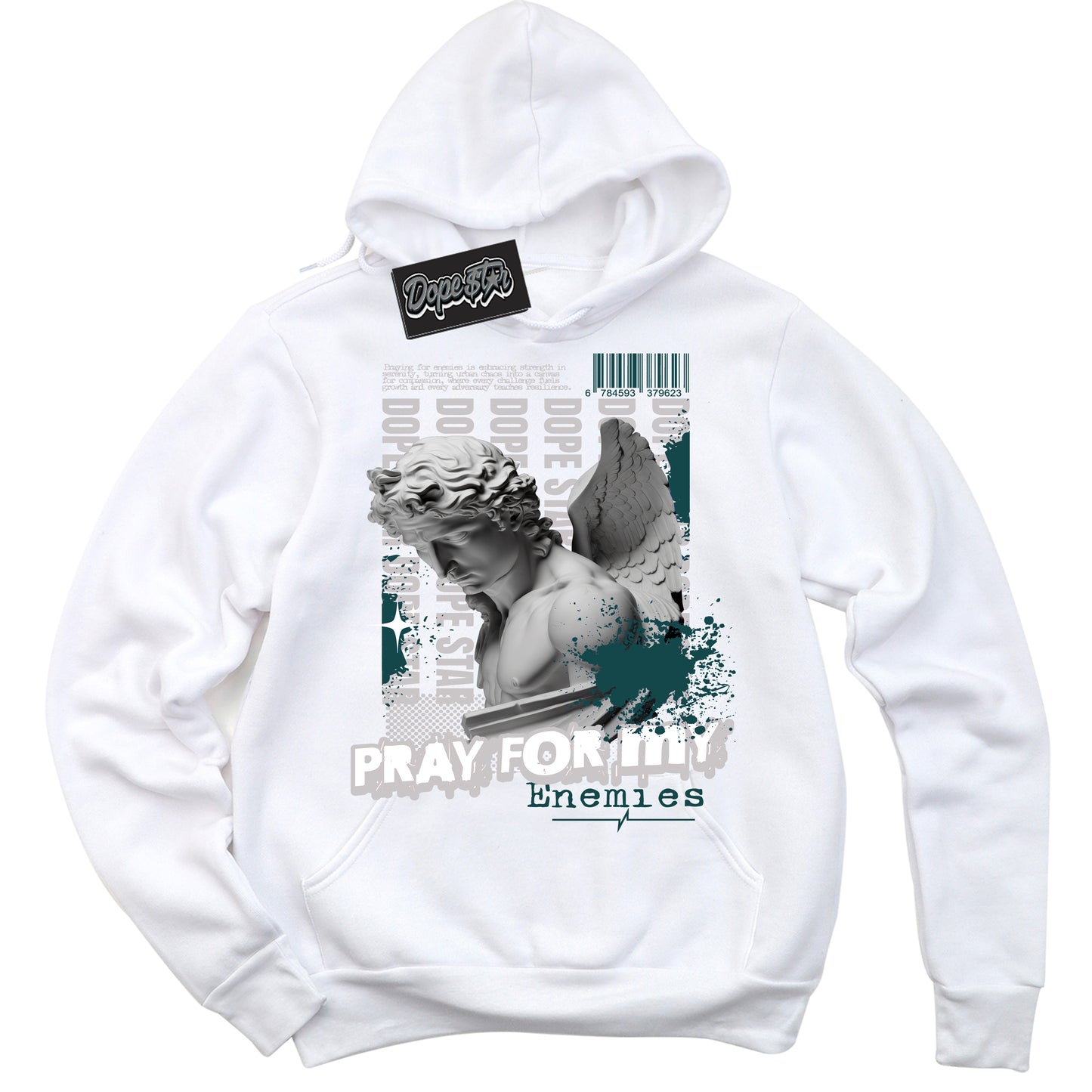 Cool White Hoodie with “ Pray Enemies ” design that Perfectly Matches Oxidized Green 4s Jordans.
