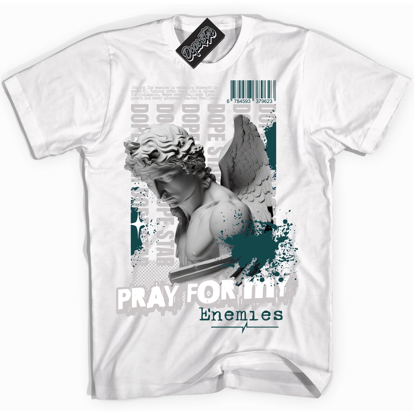 Cool White Shirt with “ Pray Enemies” design that perfectly matches Oxidized Green 4s Jordans.