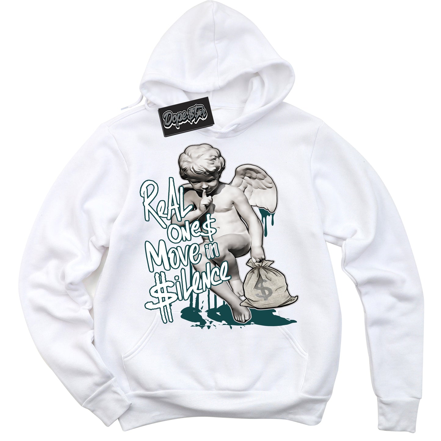 Cool White Hoodie with “ Real Ones Cherub ” design that Perfectly Matches Oxidized Green 4s Jordans.
