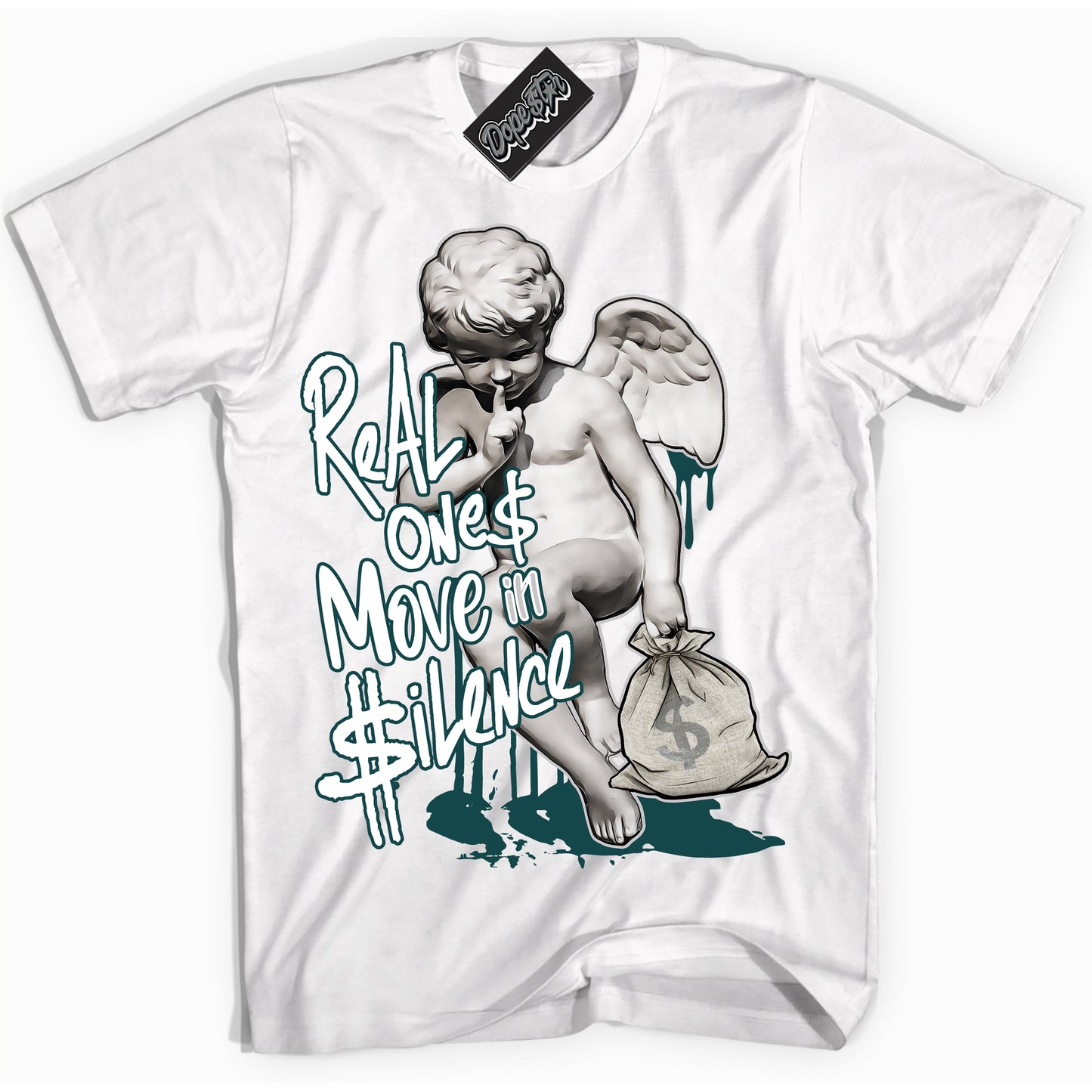 Cool White Shirt with “ Real Ones Cherub” design that perfectly matches Oxidized Green 4s Jordans.
