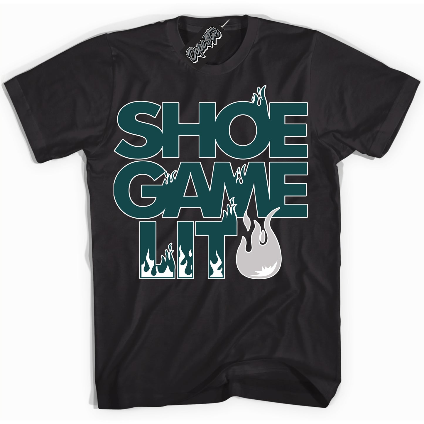 Cool Black Shirt with “ Shoe Game Lit” design that perfectly matches Oxidized Green 4s Jordans.